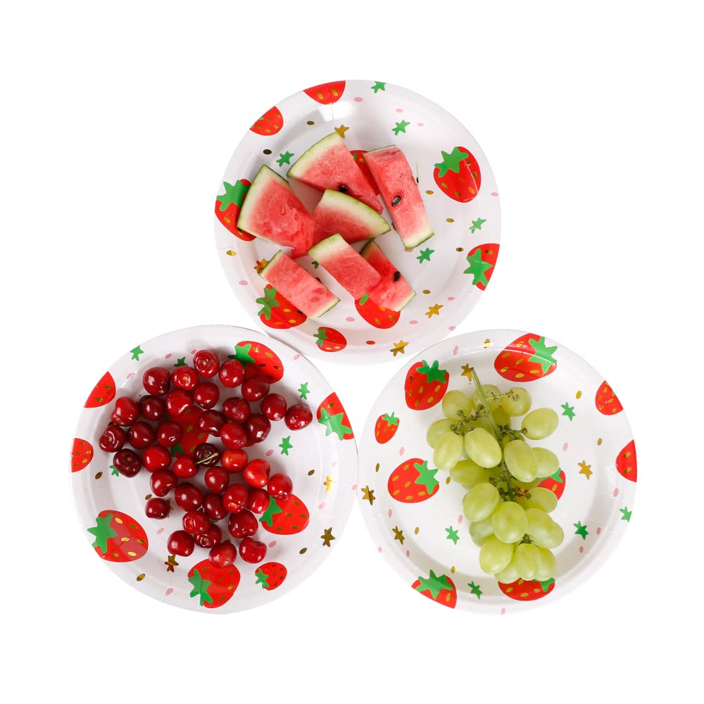 Gold Strawberry Disposable Paper Plates 9 Inch - Elegant Gold Foil Dessert Plates for Party, Wedding, Baby Shower - Set of 20 Decorative Fruit Themed Plates - Perfect for Birthday Celebrations, Picnics & Special Events