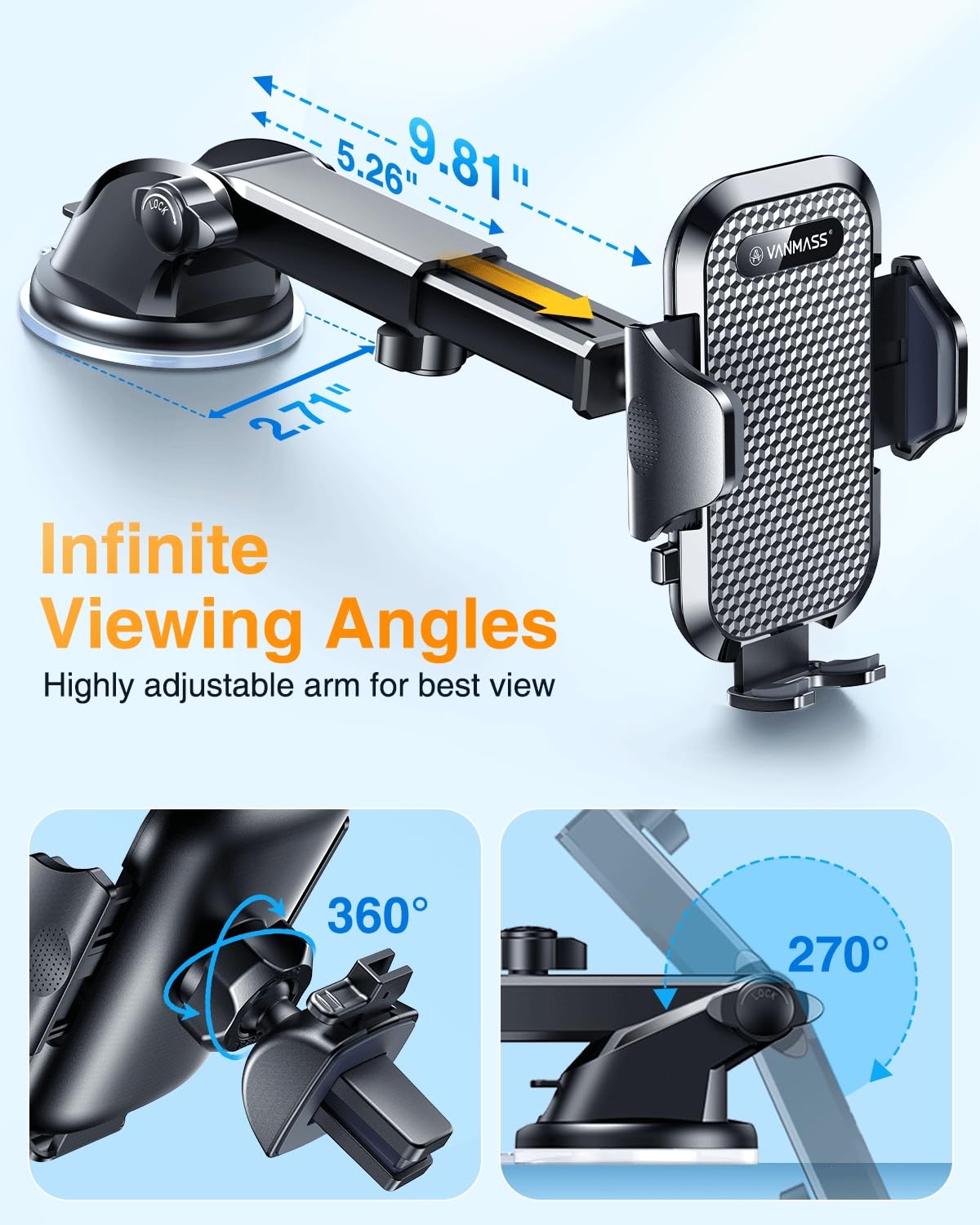 VANMASS Universal Car Phone Holder - Military-Grade Windshield & Dashboard Mount for iPhone, Samsung & Android Phones (65 lbs Strong Suction, Patent Certified) - Perfect for GPS Navigation, Hands-Free Calling & Road Trips