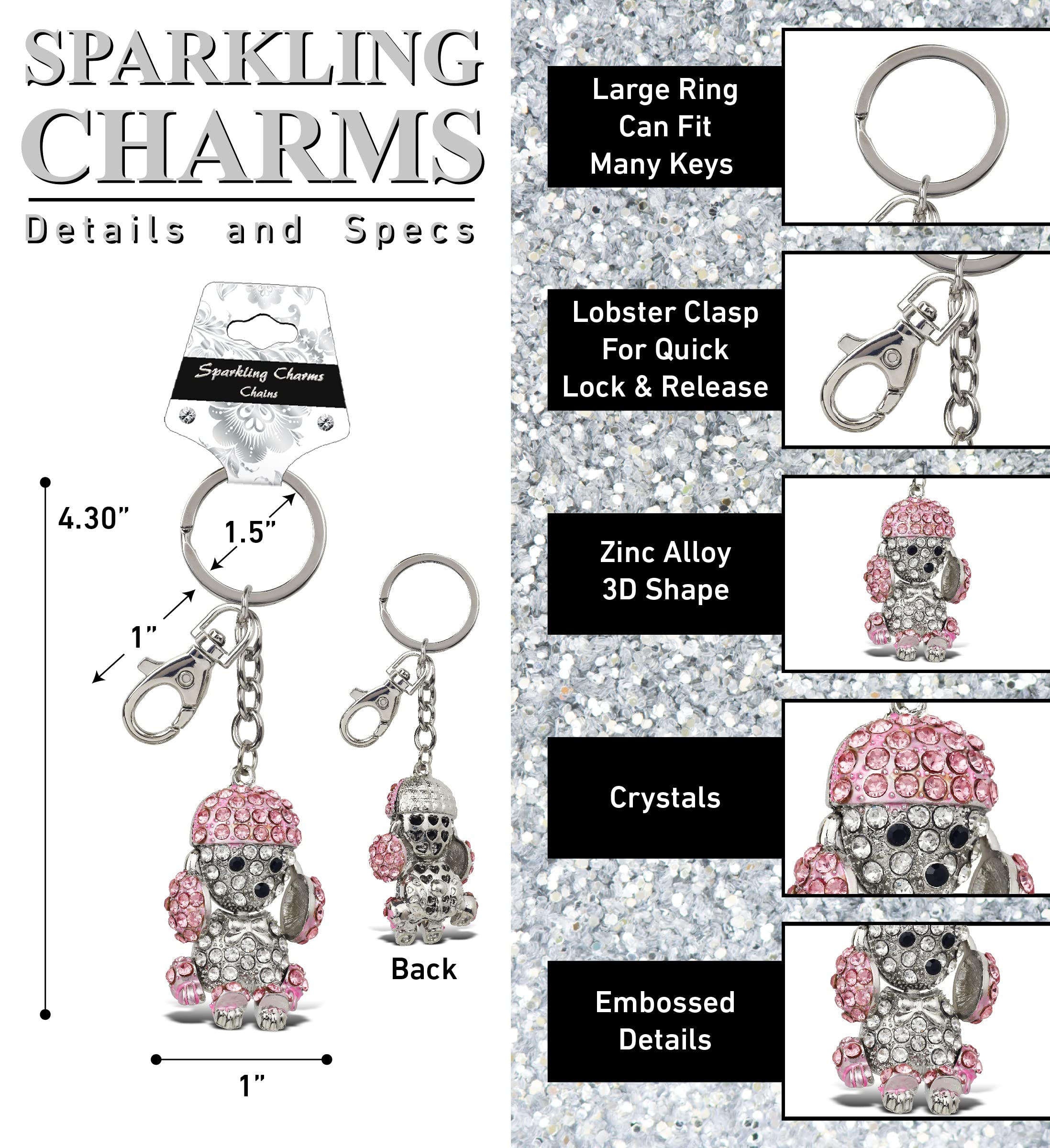 Sparkling 3D Pink Poodle Dog Keychain - Elegant Silver Rhinestone Charm Key Ring with Secure Clasp | Fashion Jewelry Accessory for Women | Perfect for Keychains, Bags, Gift Giving & Party Favors