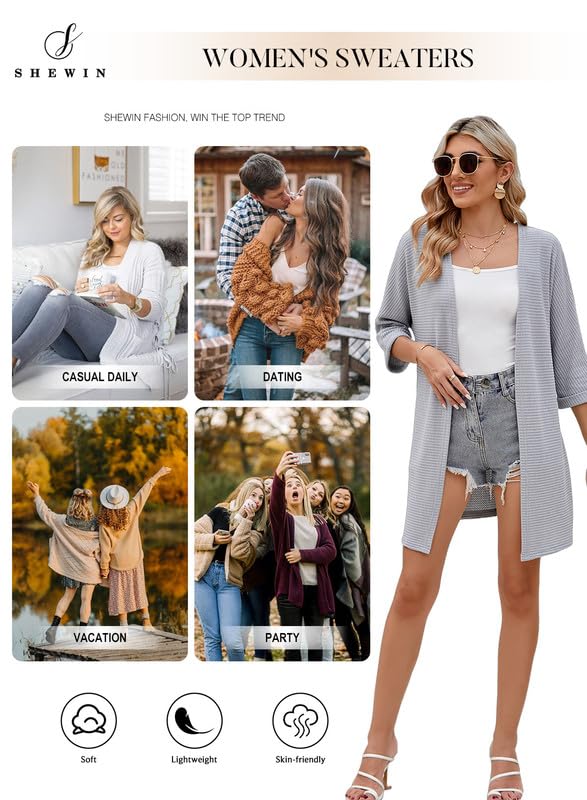 SHEWIN Women's Lightweight 3/4 Sleeve Open Front Waffle Knit Cardigan Sweater - Casual Kimono Style Cover Up for Spring & Fall | Perfect for Office, Date Night and Weekend Outfits