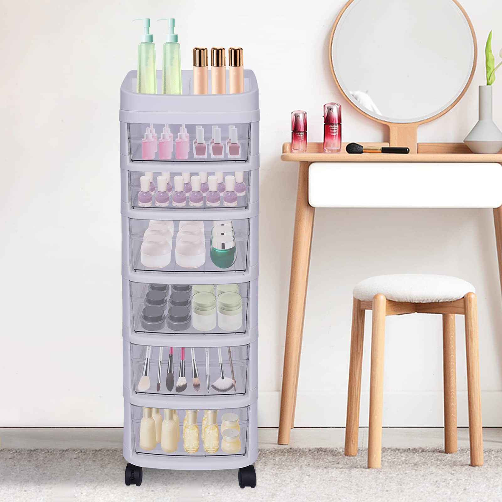 6-Drawer Rolling Storage Cart with Clear Bins - White Craft Organizer Tower 34.2