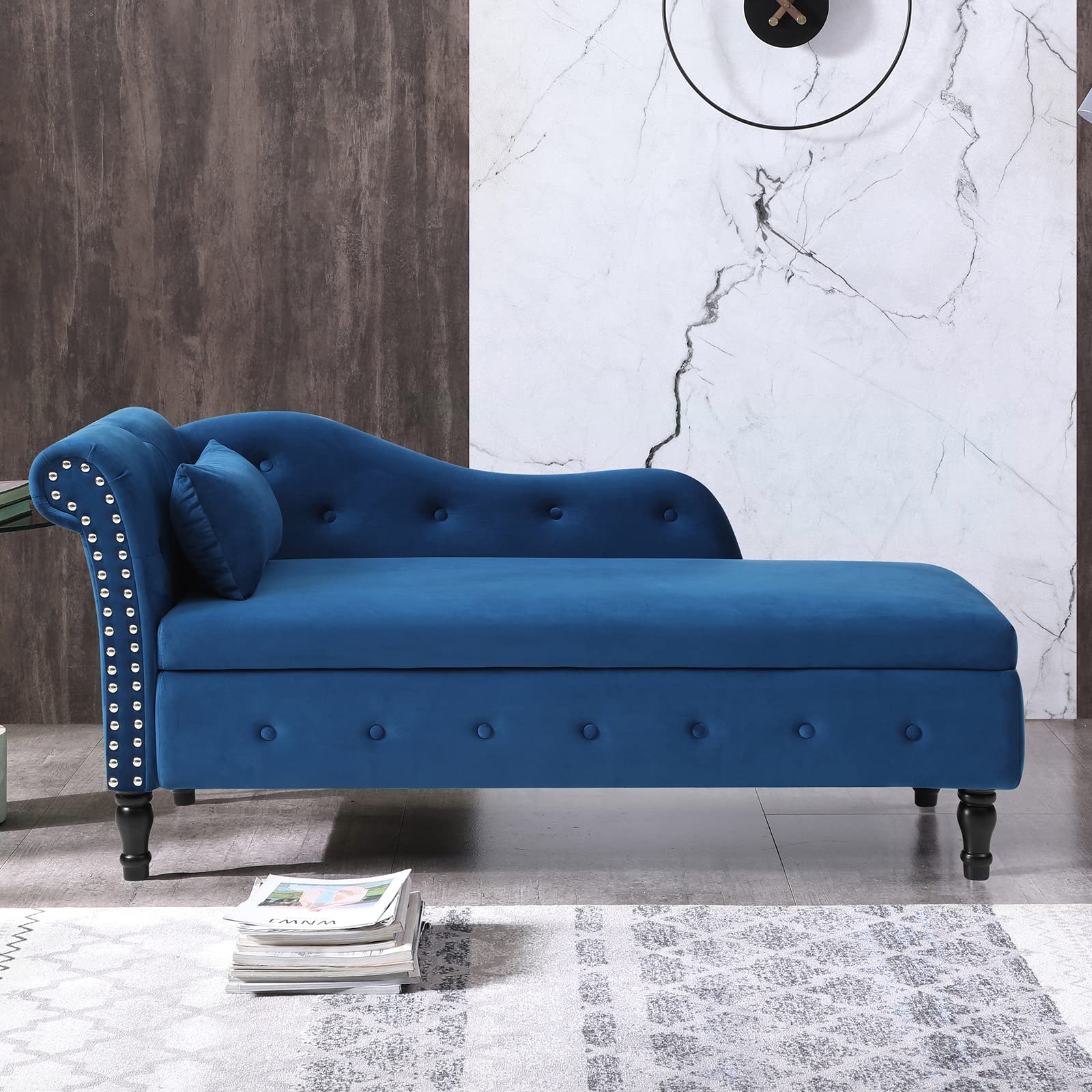 Velvet Chaise Lounge Chair with Storage & Pillow - Modern Upholstered Rolled Arm Sofa Bed with Nailhead Trim for Living Room, Bedroom & Office (Blue) | Perfect for Relaxing, Reading & Napping in Style