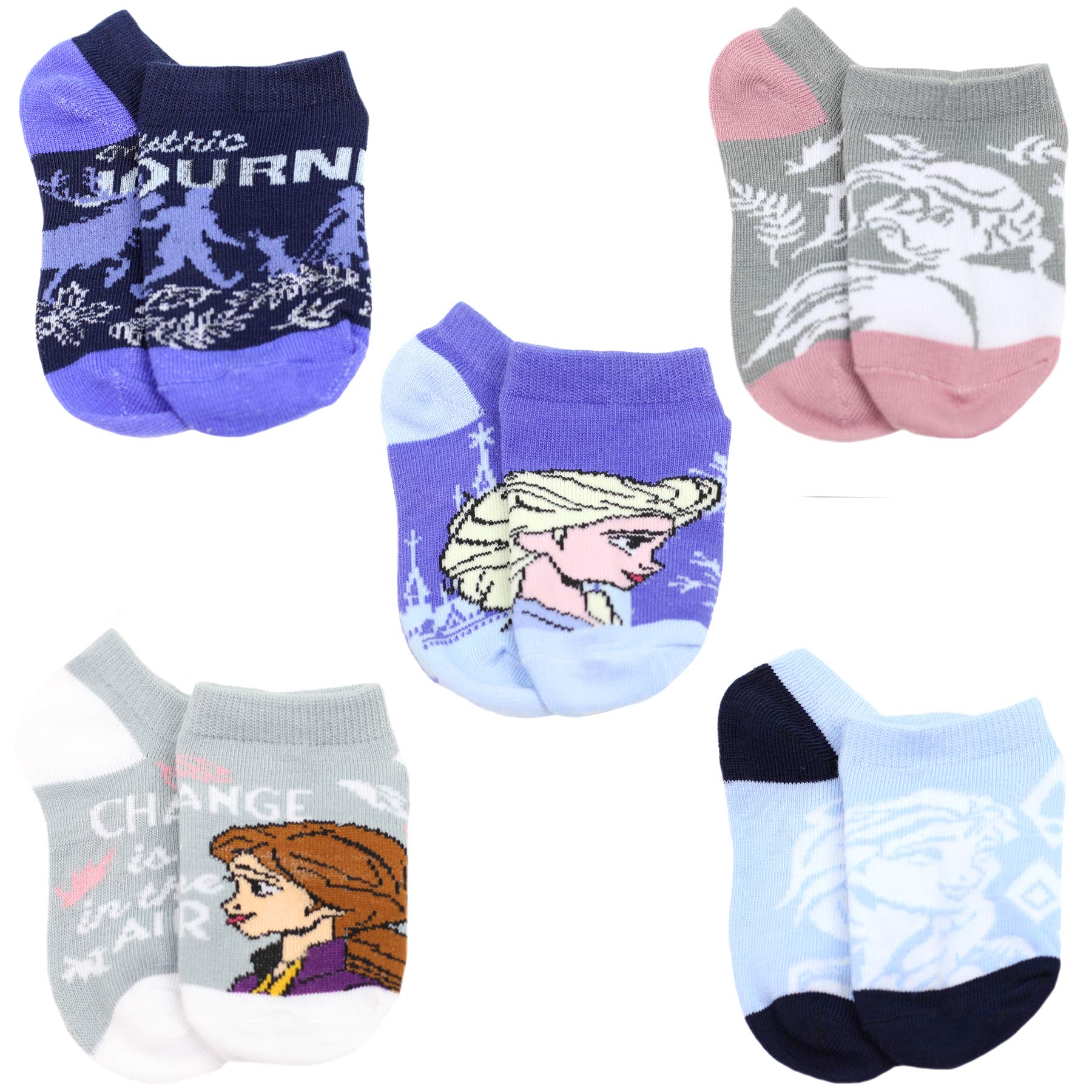 Disney Frozen Girls' No-Show Character Socks 5-Pack - Size 7-10 for Small Kids - Slate Grey - Perfect for School, Play & Everyday Wear