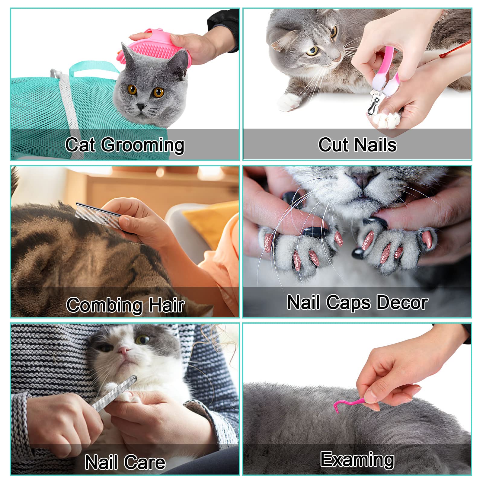 JULMELON 10-Piece Cat Grooming Kit - Adjustable Pet Shower Bag, Grooming Brush, Nail Clippers, Nail File, Hair Combs & Tick Tool for Bathing, Nail Trimming & Vet Exams (Pink+Green) - Perfect for Home Pet Care & Professional Grooming