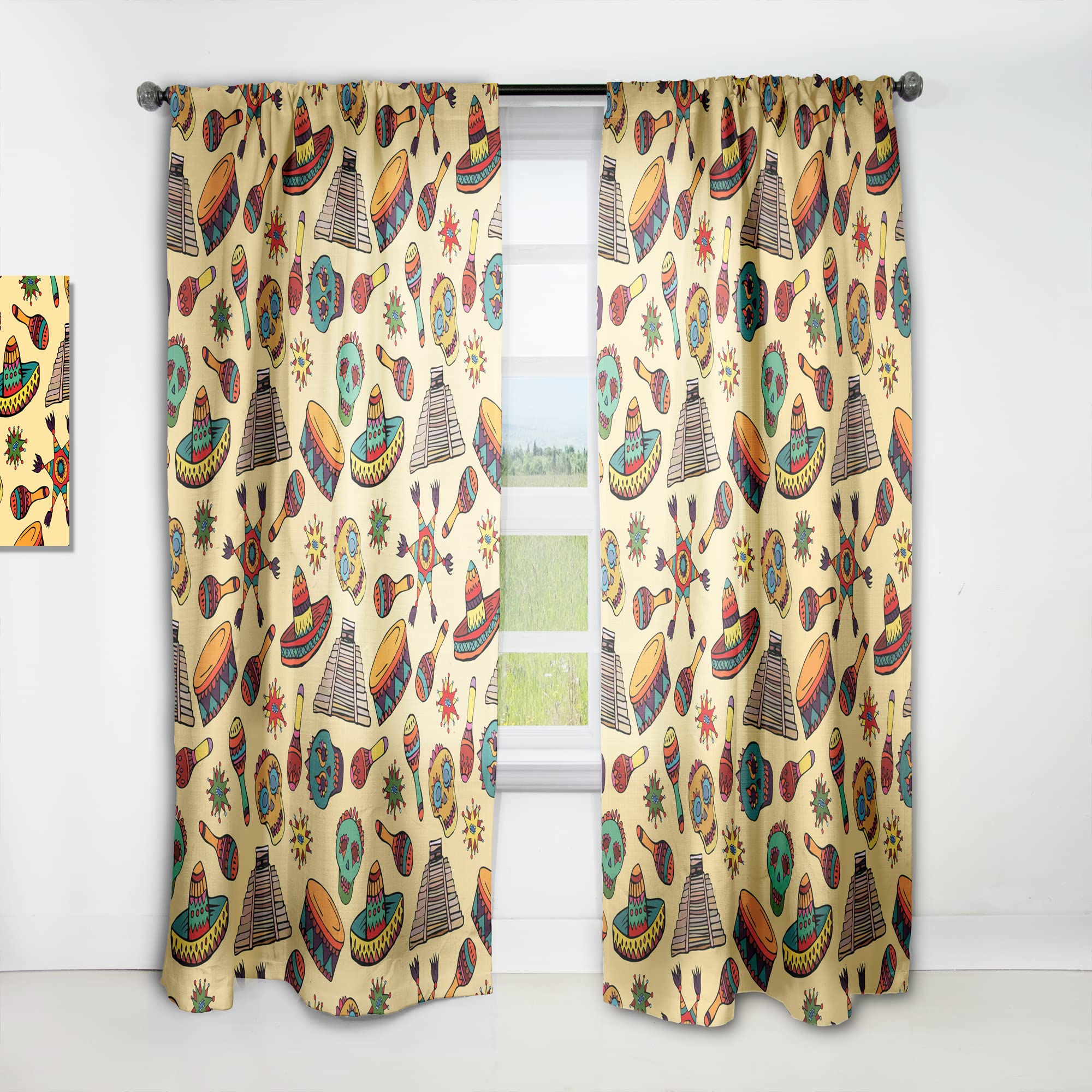 DesignQ Mexican Symbol Pattern Thermal Insulated Curtains - 52x90 Single Panel for Bedroom & Living Room - Blackout Drapes for Home Decor & Privacy