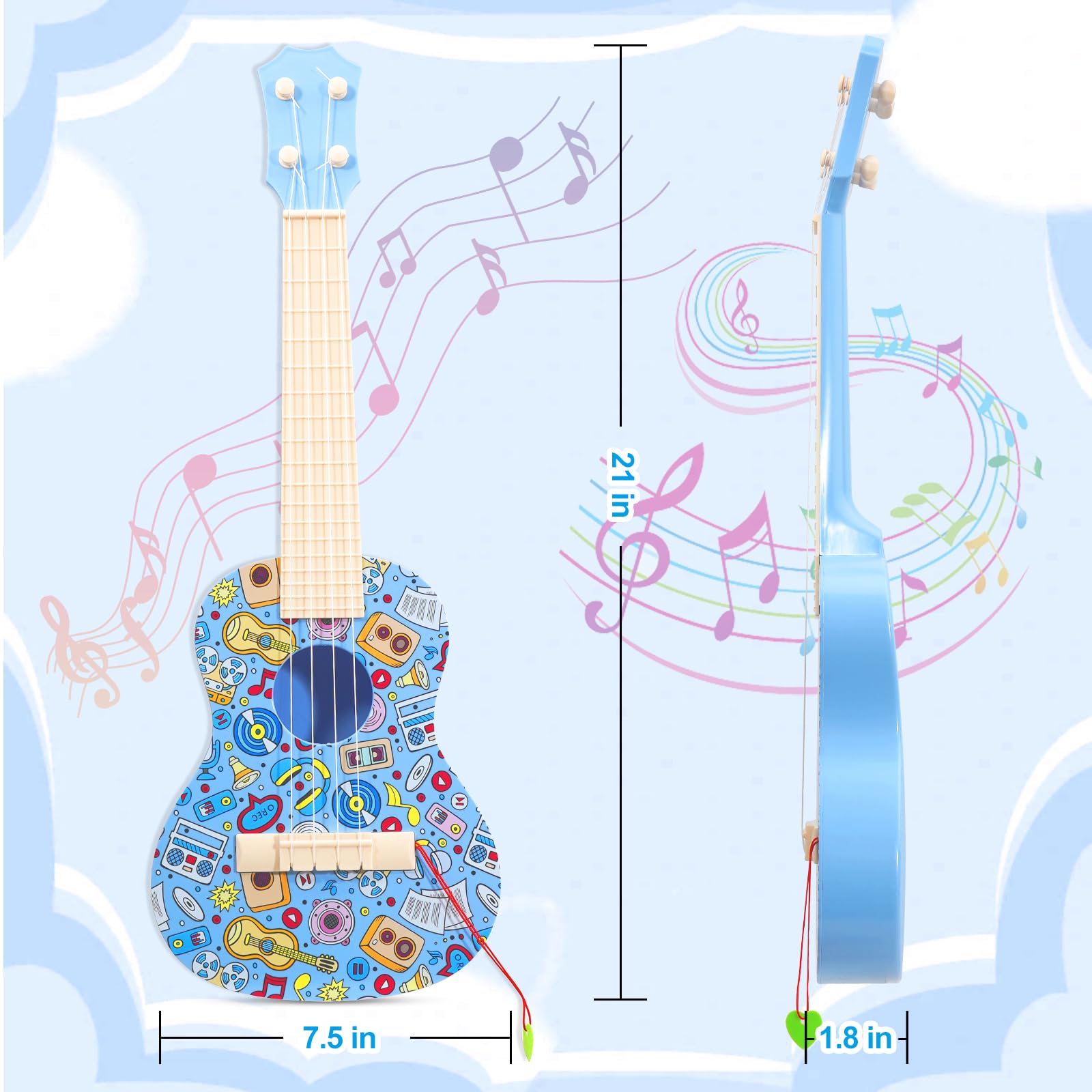 LeeQee 21 Inch Colorful Graffiti Ukulele for Kids - 4 String Beginner Musical Instrument with Picks, Educational Toy for Boys & Girls Ages 3-12 (Blue) | Perfect for Music Lessons, Birthday Gifts & Family Fun
