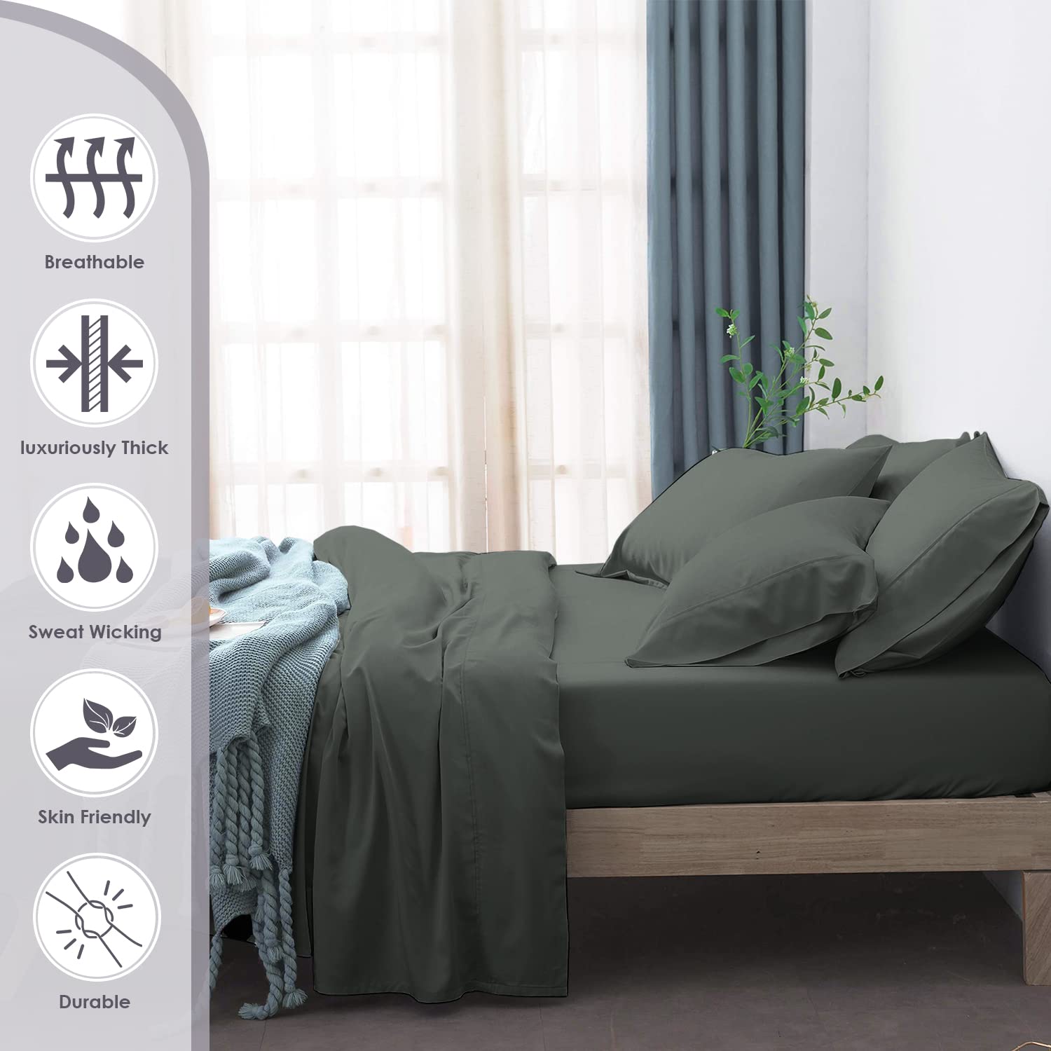 Pizuna Pure 100% Cotton Sheets 6pc King Size - 800 Thread Count Long Staple Cotton Sateen Bedding Set with 15