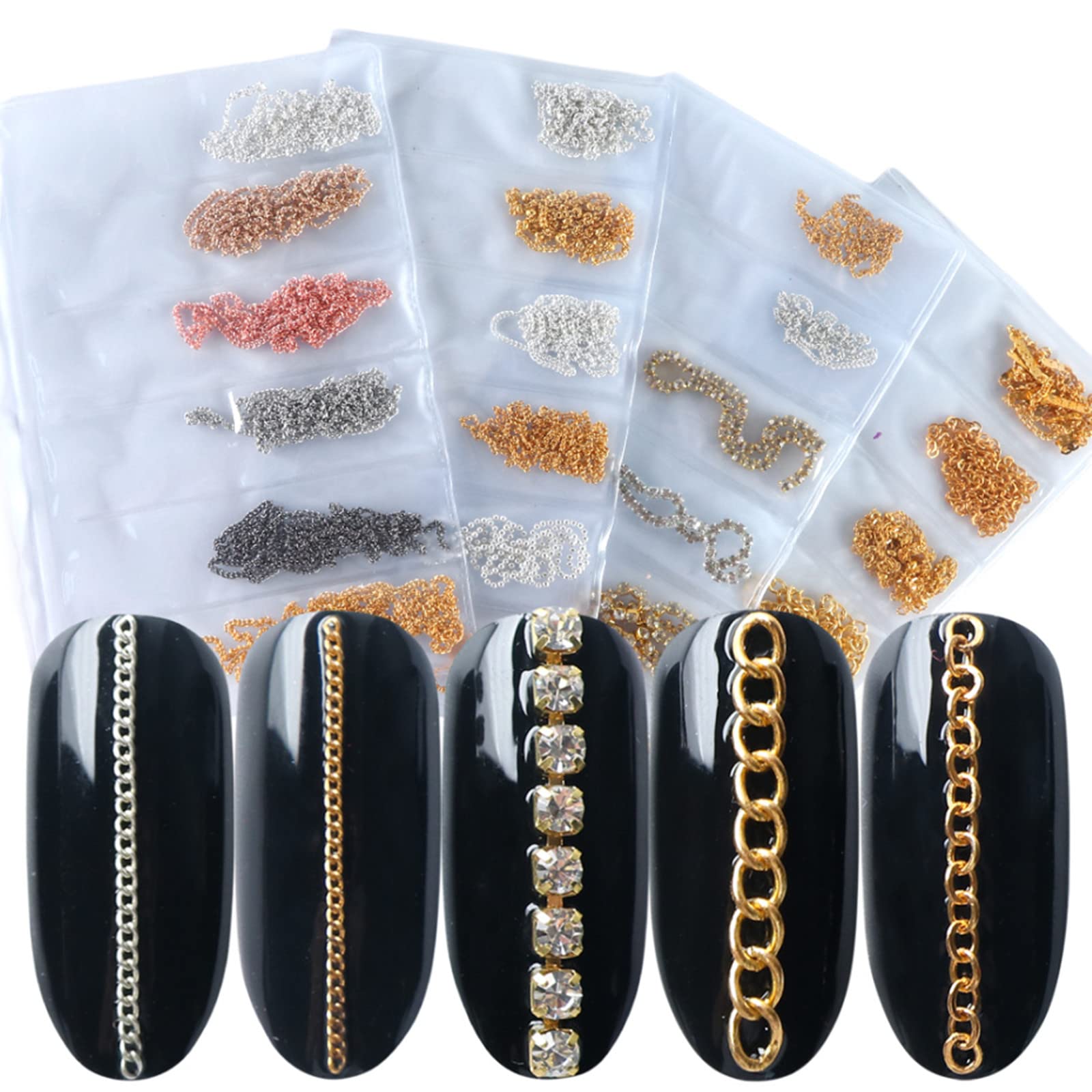24-Piece Nail Art Chains - Gold & Silver 3D Metal Nail Charms for Punk Manicure Decorations | DIY Nail Art Supplies for Professional & Home Use | Perfect for Parties, Weddings, and Creative Nail Designs