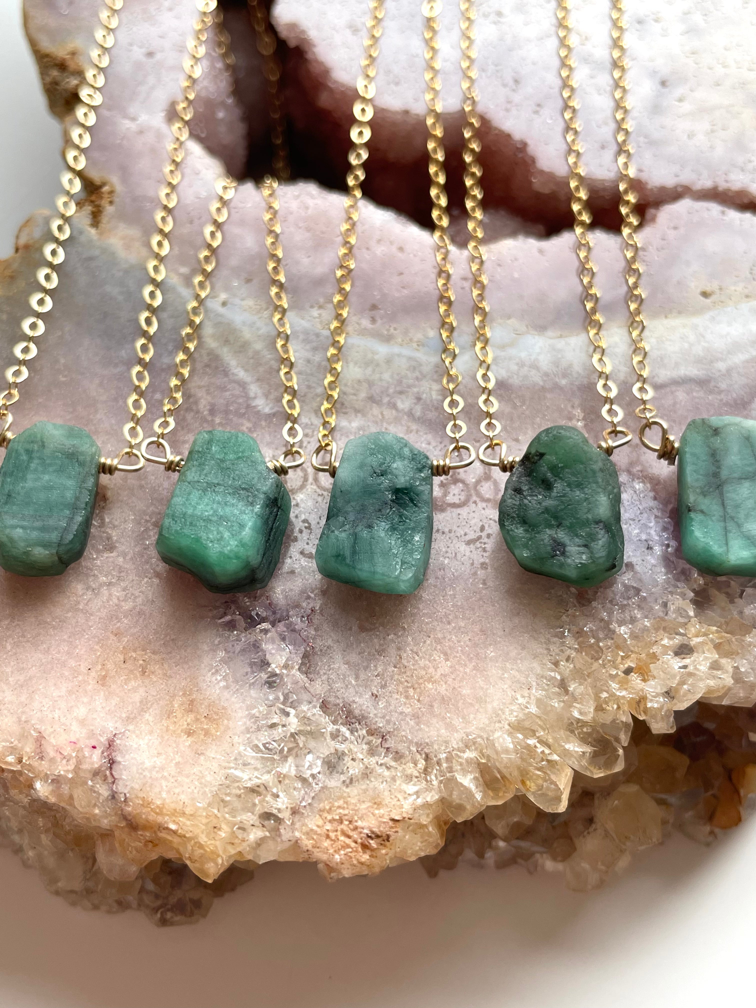 Natural Raw Emerald Pendant Necklace - 14K Gold Filled or 925 Sterling Silver Chain - Boho Chic Jewelry for Women, Gift for Her, Birthday & Anniversary Present