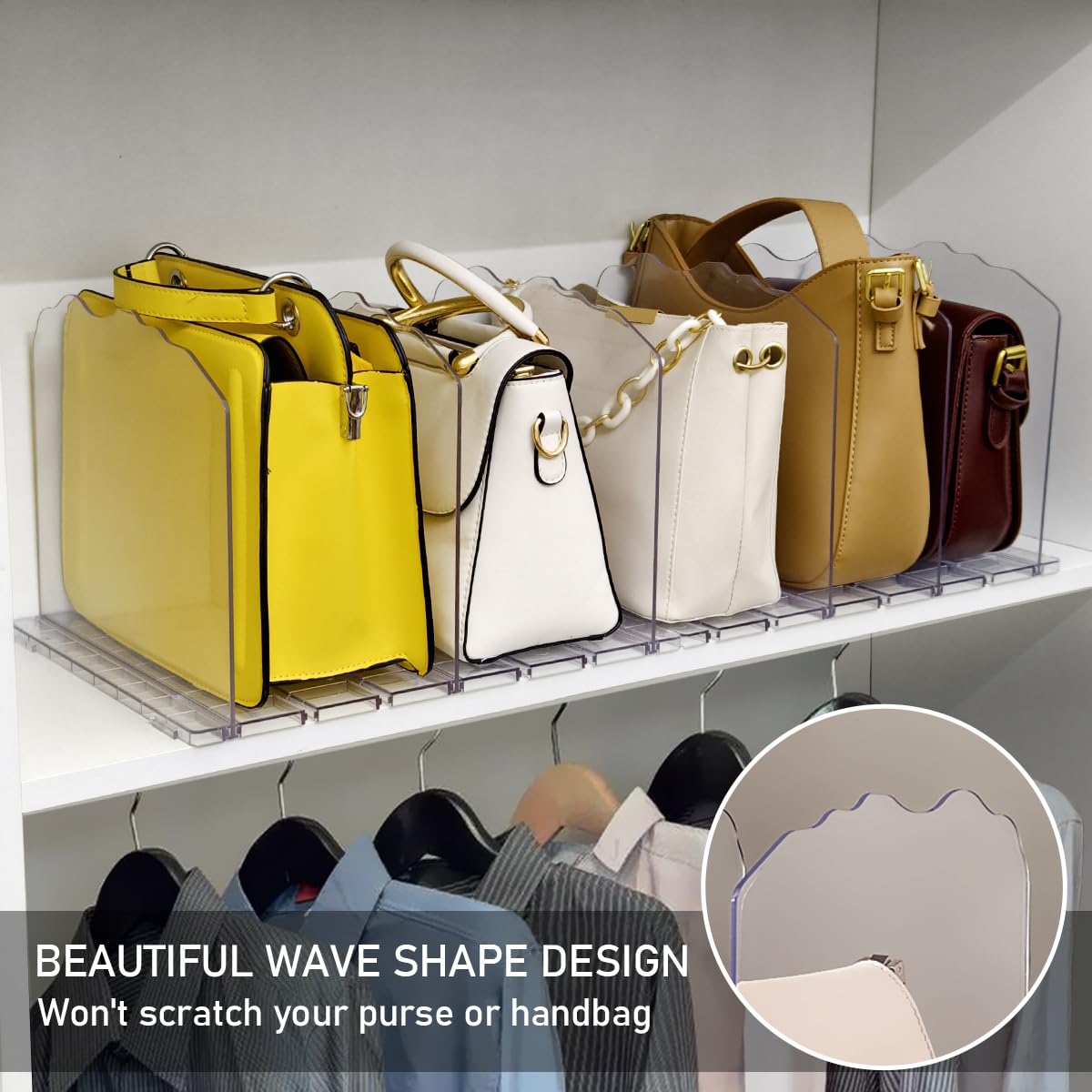 Clear Adjustable 8-Divider Purse Organizer for Closet Shelves - Handbag & Purse Storage Solution for Bedroom, Walk-in Closet, and Dorm Organization