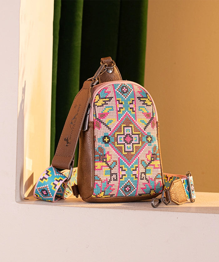 Montana West Embroidered Canvas Sling Bag for Women - Crossbody Purse with Adjustable Strap, Fashionable Boho Handbag for Travel, Shopping & Everyday Use