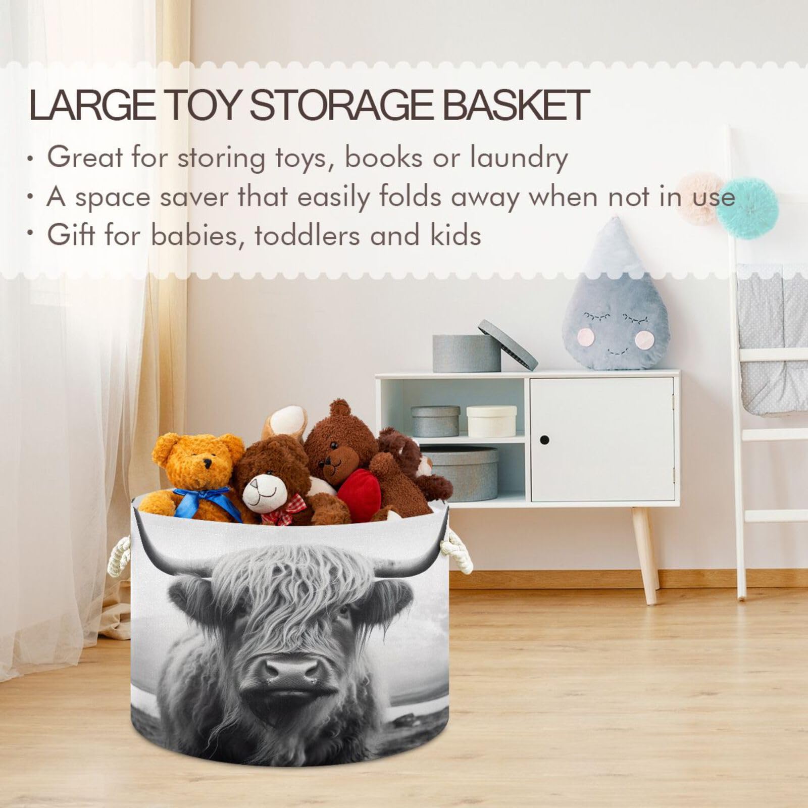 Organic Cotton Rope Storage Basket with Highland Cow Design - Perfect for Baby Laundry, Blankets & Toys Organization - Nursery, Playroom & Home Decor Essential