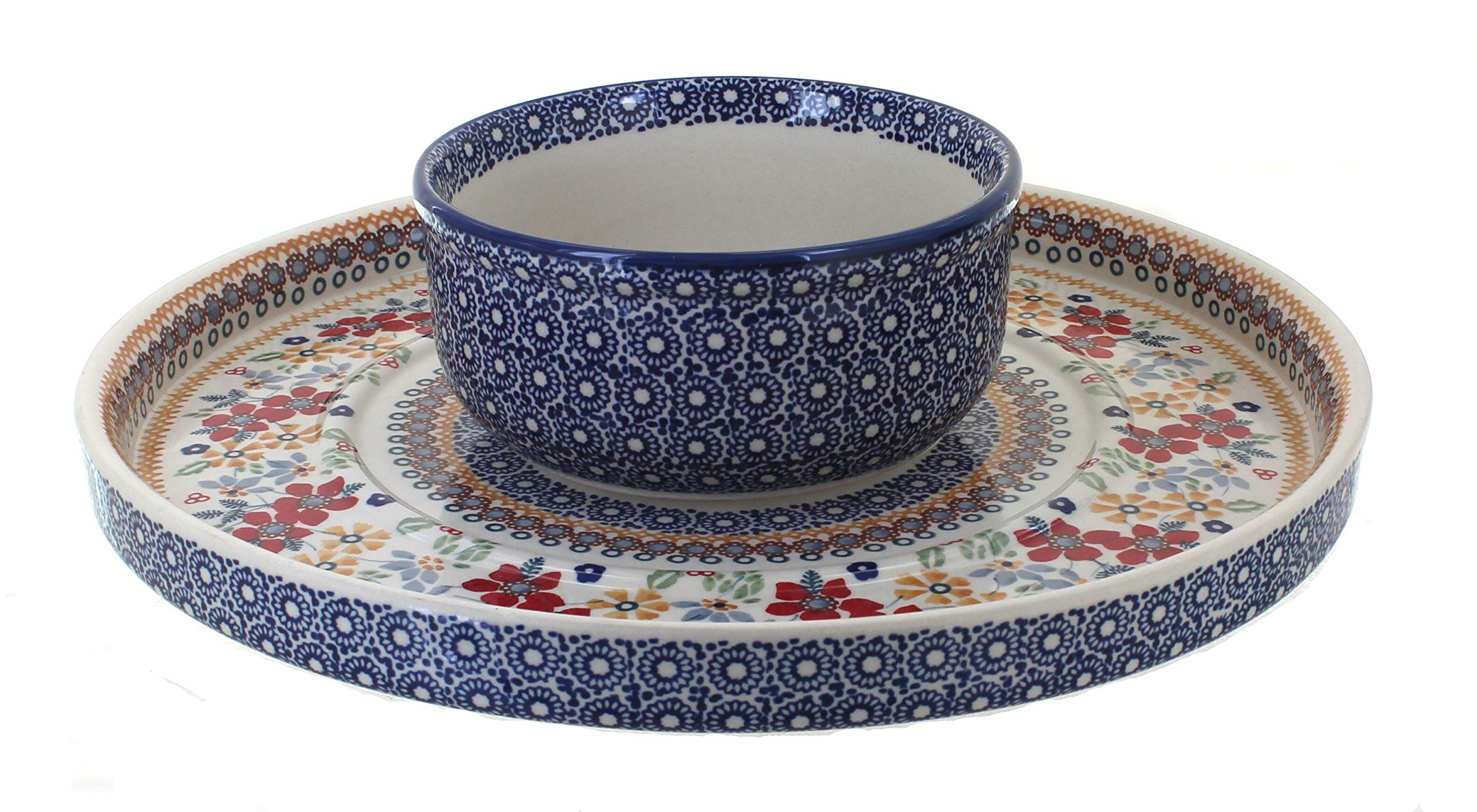 Blue Rose Polish Pottery Red Daisy Dual Dish - Handmade Ceramic Serving Platter for Appetizers, Desserts & Entertaining - Perfect for Dinner Parties, Weddings & Home Decor