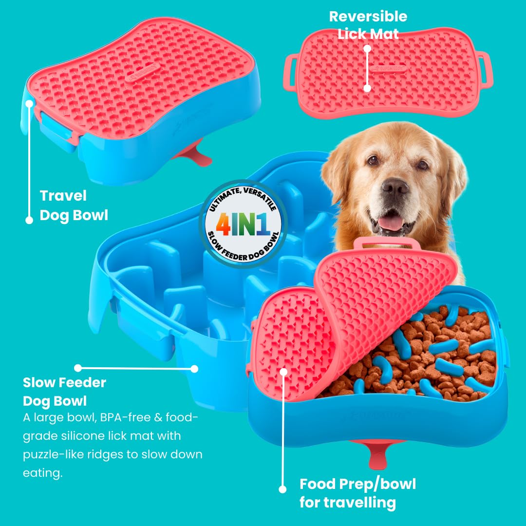 Slow Feeder Dog Bowls & Lick Mat - 4-in-1 BPA-Free Silicone Puzzle Feeder for Fast Eaters - Non-Slip Pet Food Bowl for Small, Medium & Large Dogs - Perfect for Mealtime Enrichment & Anxiety Relief