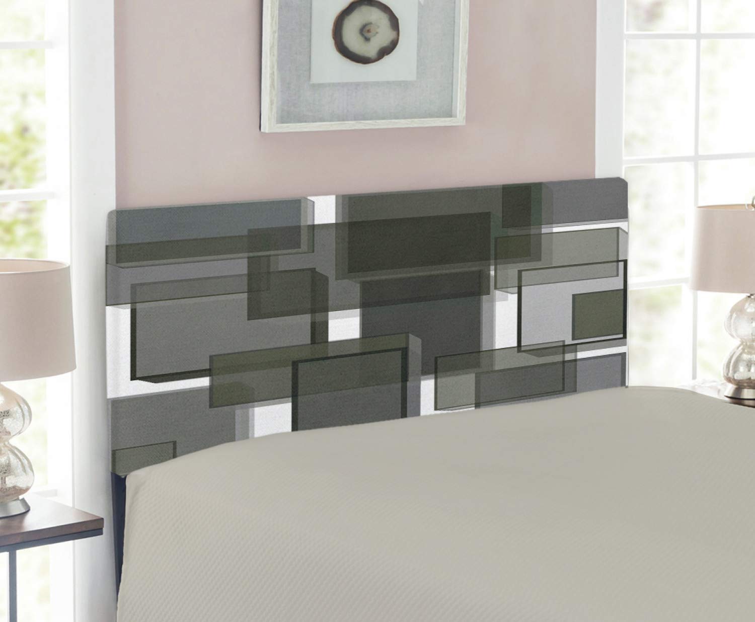 Ambesonne Taupe Upholstered Headboard with Memory Foam - 3D Cubes Geometric Design, Twin Size Bed Frame for Modern Bedroom Decor | Taupe Pale Grey Green | Perfect for Guest Rooms, Dorms & Apartment Styling