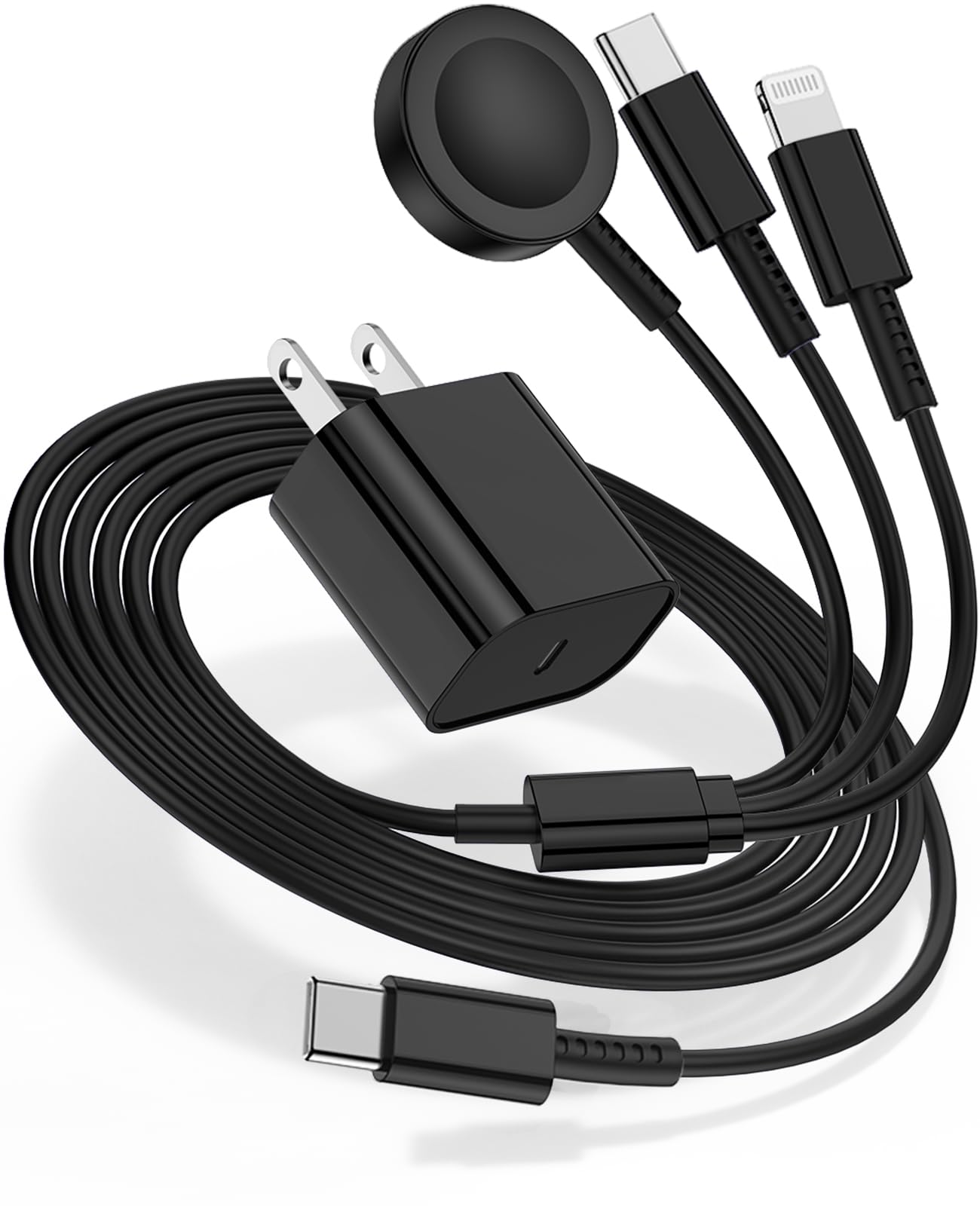 3-in-1 Fast Charging Cable for Apple Watch Series Ultra 2/SE/10/9/8/7/6/5/4/3 & iPhone 15/16 Pro Max/14/13/12/11 - 20W USB-C Charger with 6FT Cord (Black) | Perfect for Travel, Office & Home Charging Station