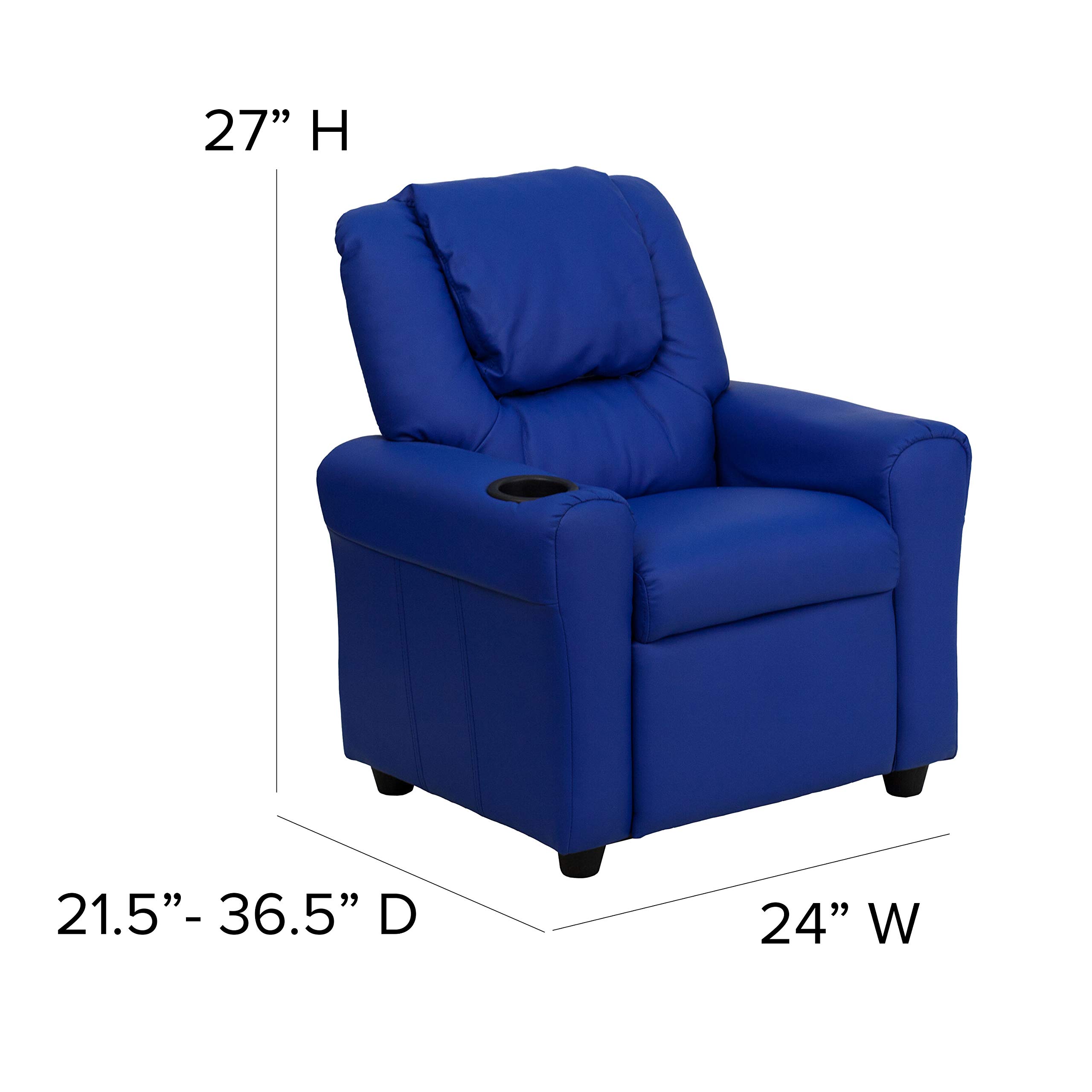 Blue Vinyl Kids Recliner Chair with Cup Holder & Headrest - Comfortable Children's Lounge Chair for Playroom, Bedroom or TV Watching
