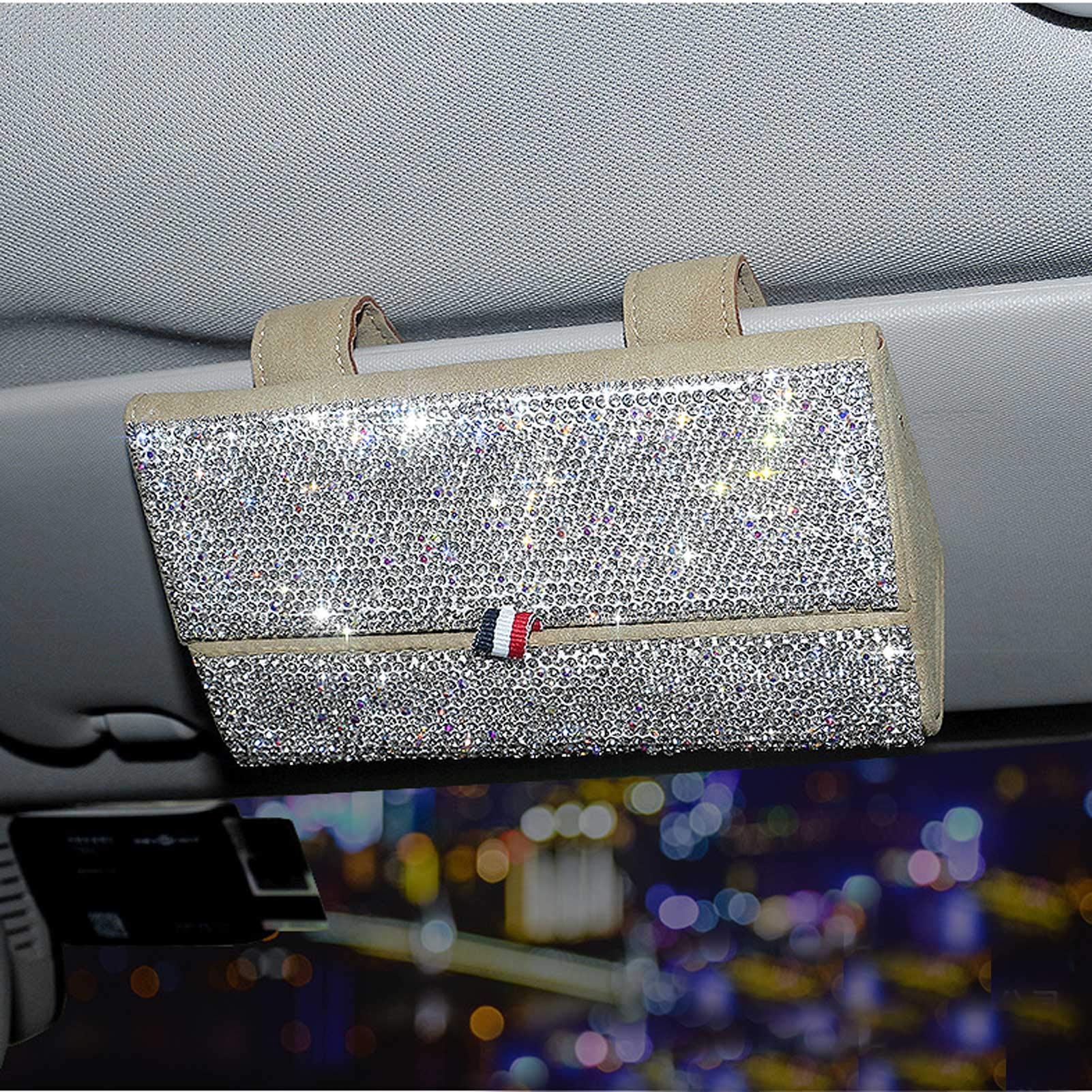 Sparkling Crystal Sunglasses Holder for Car Sun Visor - Glasses Case Storage Box with Bling Design (Beige) | Perfect for Organizing Eyewear in Vehicles & Travel Accessories
