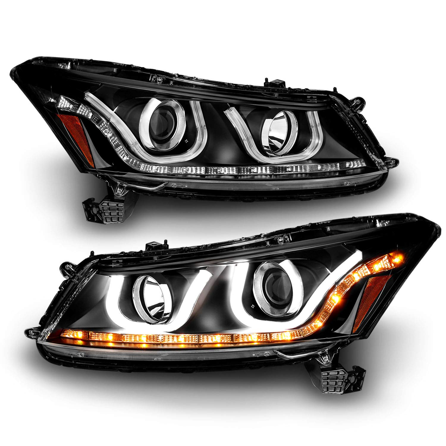 AmeriLite Black Projector Headlights Bar Style for Honda Accord - Left & Right Side Pair | High-Performance LED Lighting for Night Driving & Enhanced Visibility