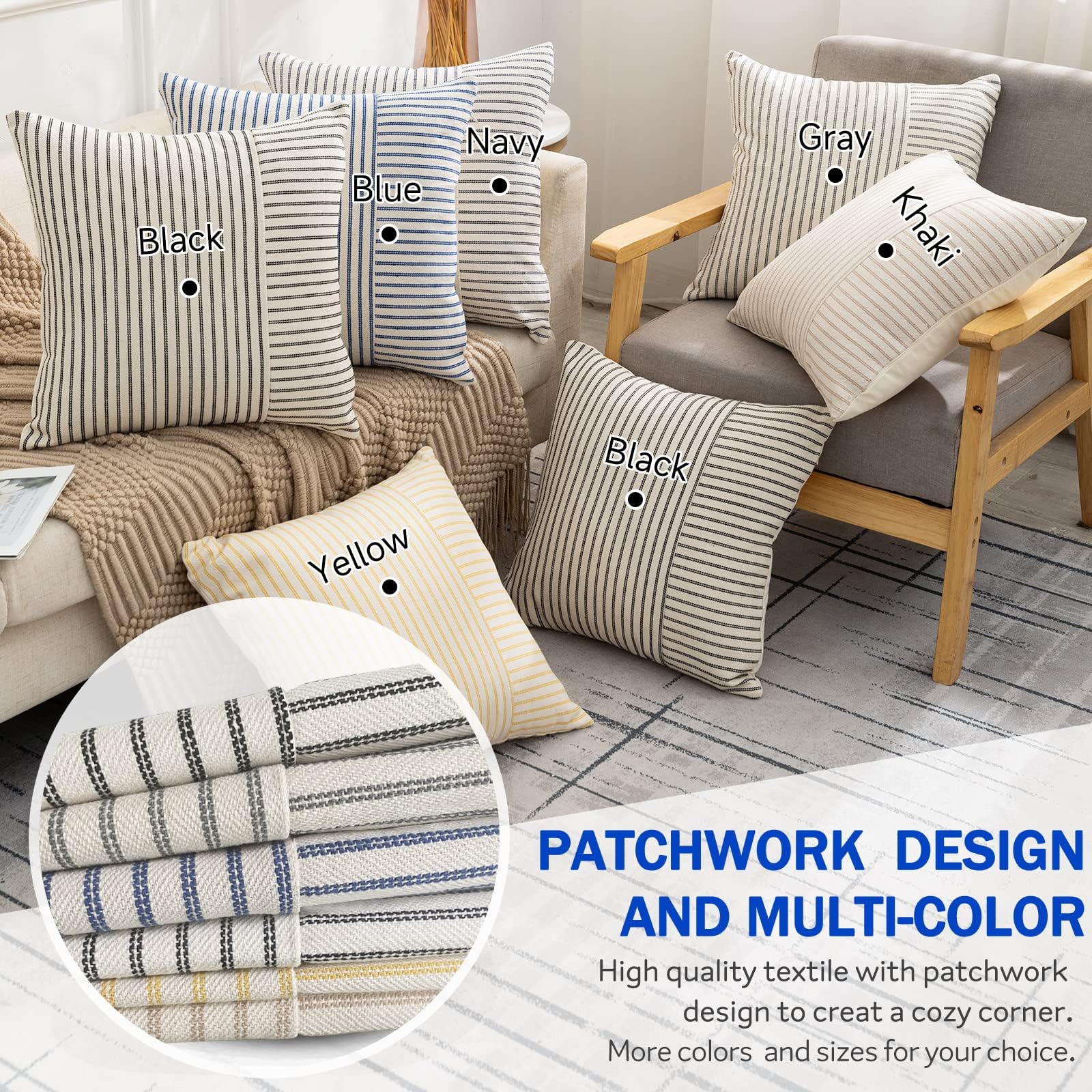 Farmhouse Pillow Covers 18x18 Inch - Set of 2 Modern Square Throw Pillow Covers in Yellow & Beige Striped Linen - Decorative Cushion Covers for Sofa, Chair, Bedroom & Living Room - Cozy Home Accent Pillows