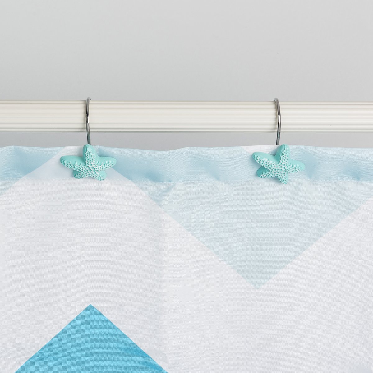12-Pack Rust-Resistant Chrome Plated Iron Shower Curtain Hooks with Blue Starfish Resin Design - Bathroom Decor for Coastal, Nautical & Beach Theme Showers
