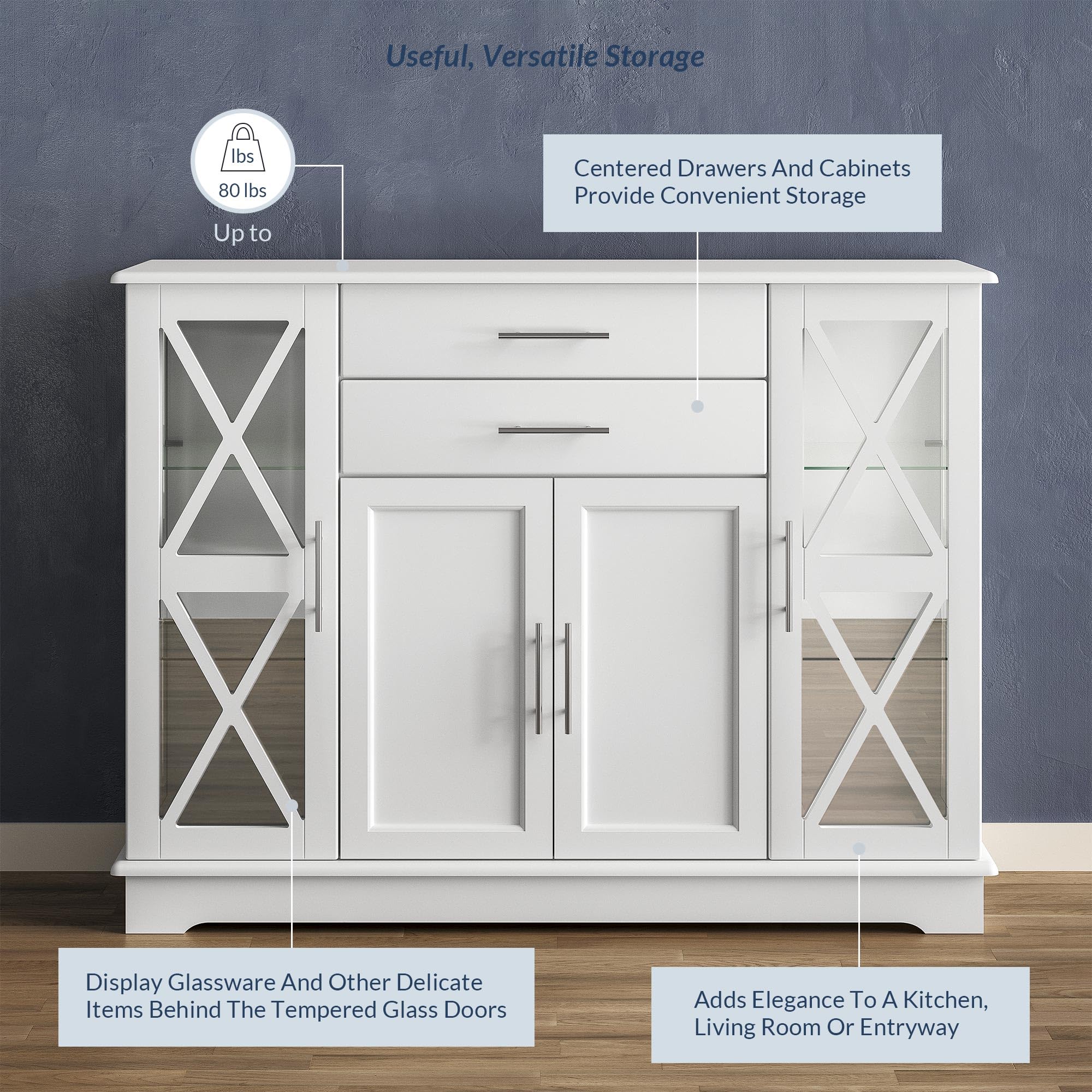 BELLEZE 47 Inch White Sideboard Buffet Cabinet - Storage Console Table, Coffee Bar, Kitchen Cupboard & Pantry Organizer with Glass Display Doors - Perfect for Living Room, Entryway & Dining Room Decor