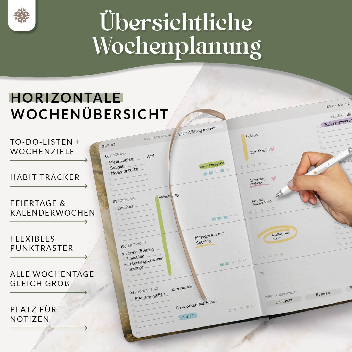 2025 Lebenskompass A5 Forest Hardcover Planner - Weekly & Appointment Calendar with Elegant Foil Embossing - Perfect for Office, School & Personal Organization