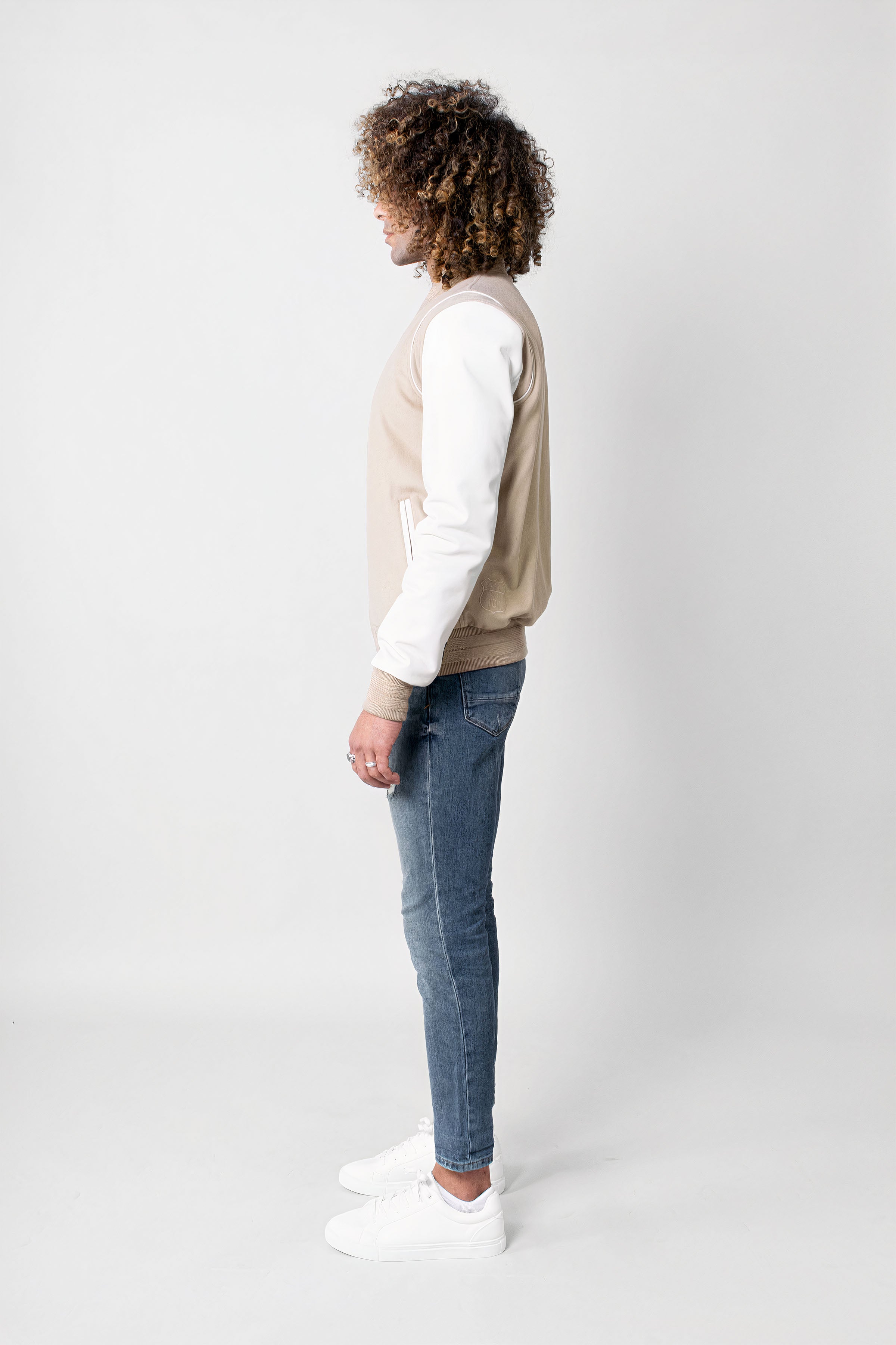 Men's Varsity Jacket in Ecru - Classic Tall Fit for Casual Wear & Street Style Fashion