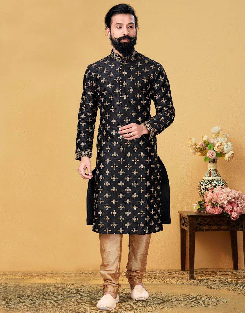 Elegant Black Kurta Dhupion Embroidered Silk Churidar Suit for Women | Traditional Indian Ethnic Wear | Perfect for Weddings, Festivals & Special Occasions