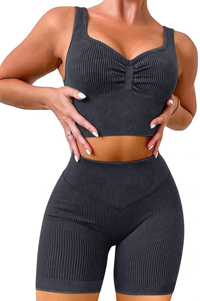OLCHEE Women's 2-Piece Workout Set - Seamless Ribbed Acid Wash Yoga Shorts & Sports Bra Matching Gym Outfit | Perfect for Yoga, Pilates, Running & Gym Training