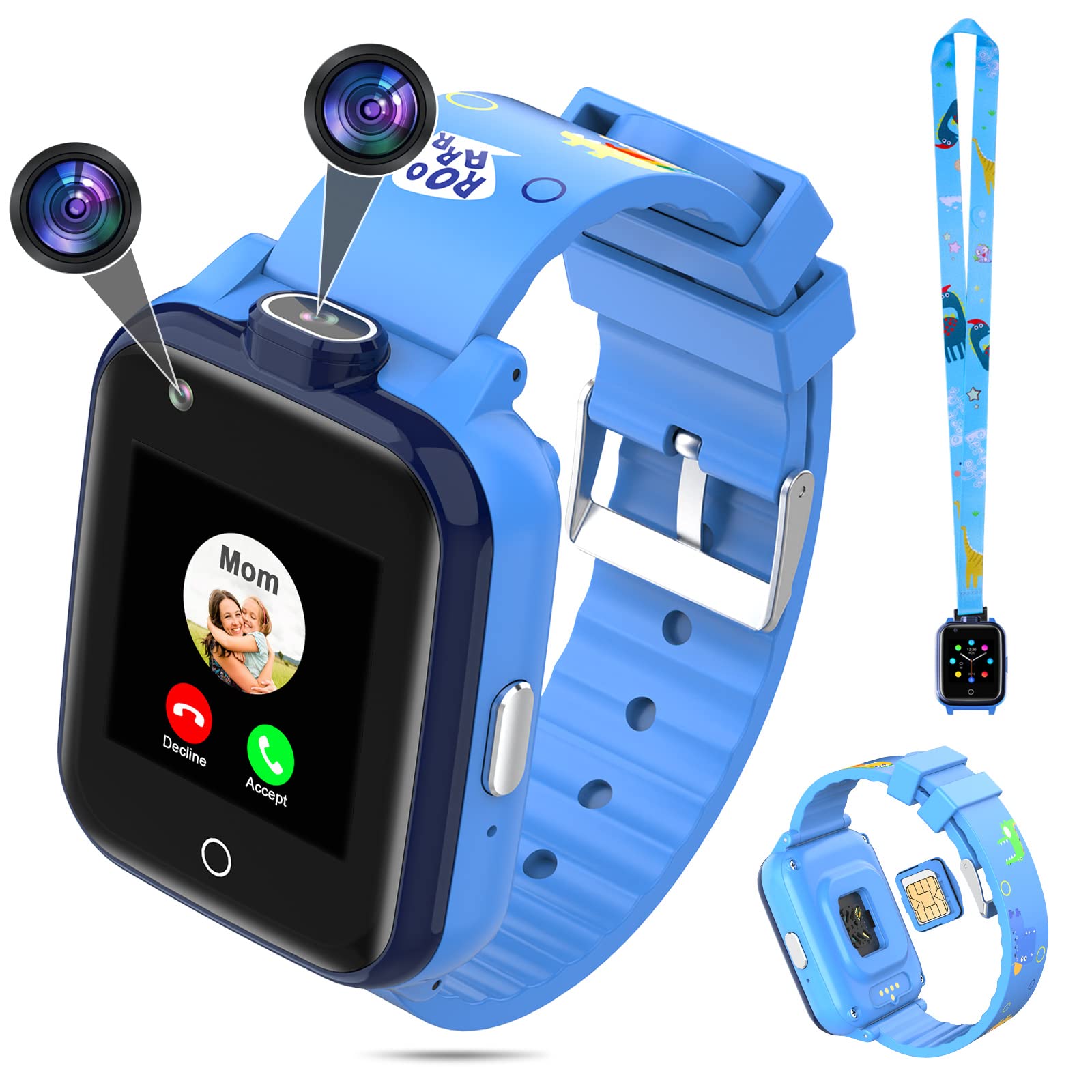 **4G GPS Smart Watch for Kids - Waterproof Children's Tracker with Dual Camera, Call/SOS, 2 Cartoon Straps - Perfect Birthday & Christmas Gift for Boys & Girls Ages 3-12 (Blue) - Ideal for School Safety, Outdoor Adventures & Parental Monitoring**