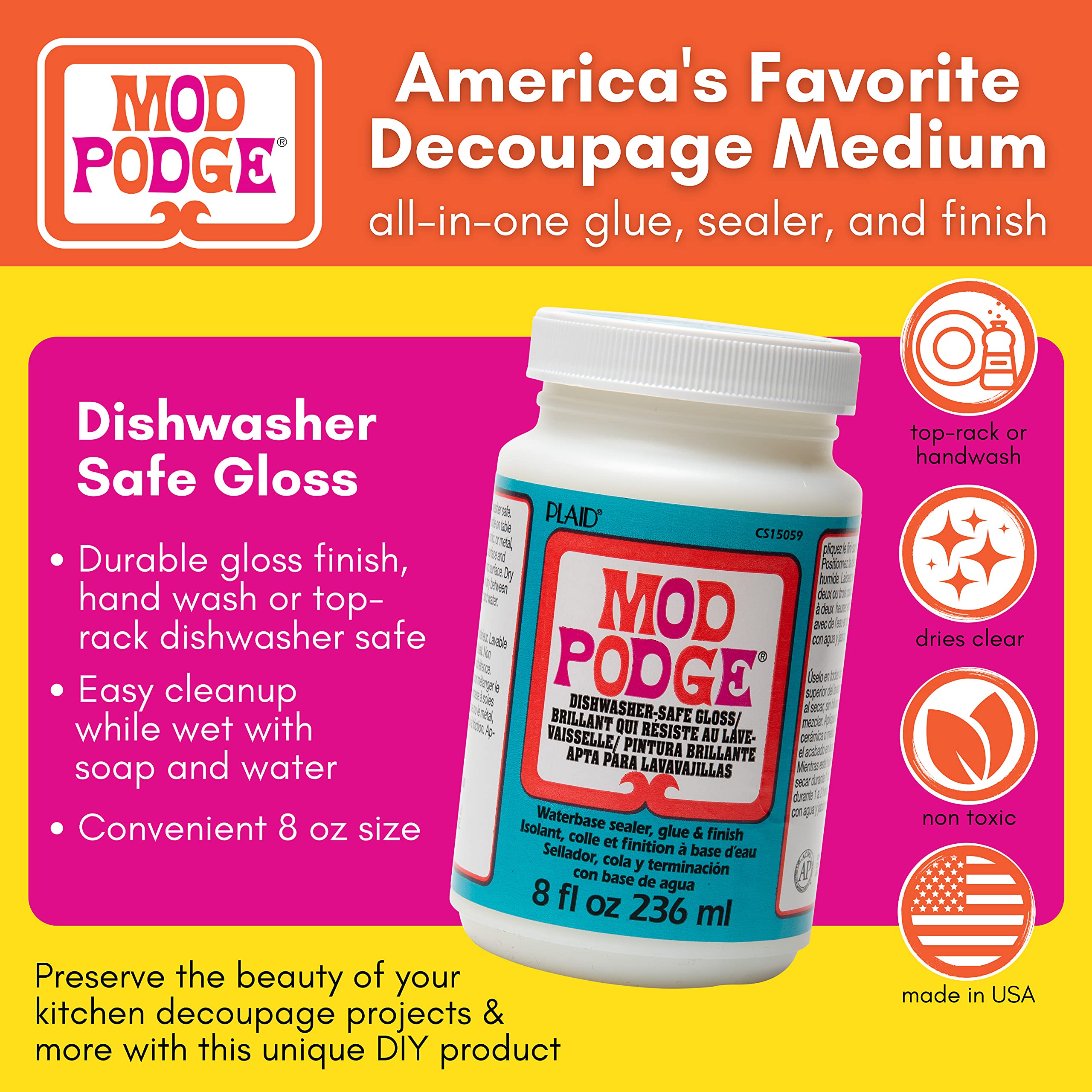 Mod Podge Water-Based Sealer, Glue & Clear Finish - 8 oz Dishwasher Safe Glossy Craft Adhesive for DIY Projects, Scrapbooking & Home Decor