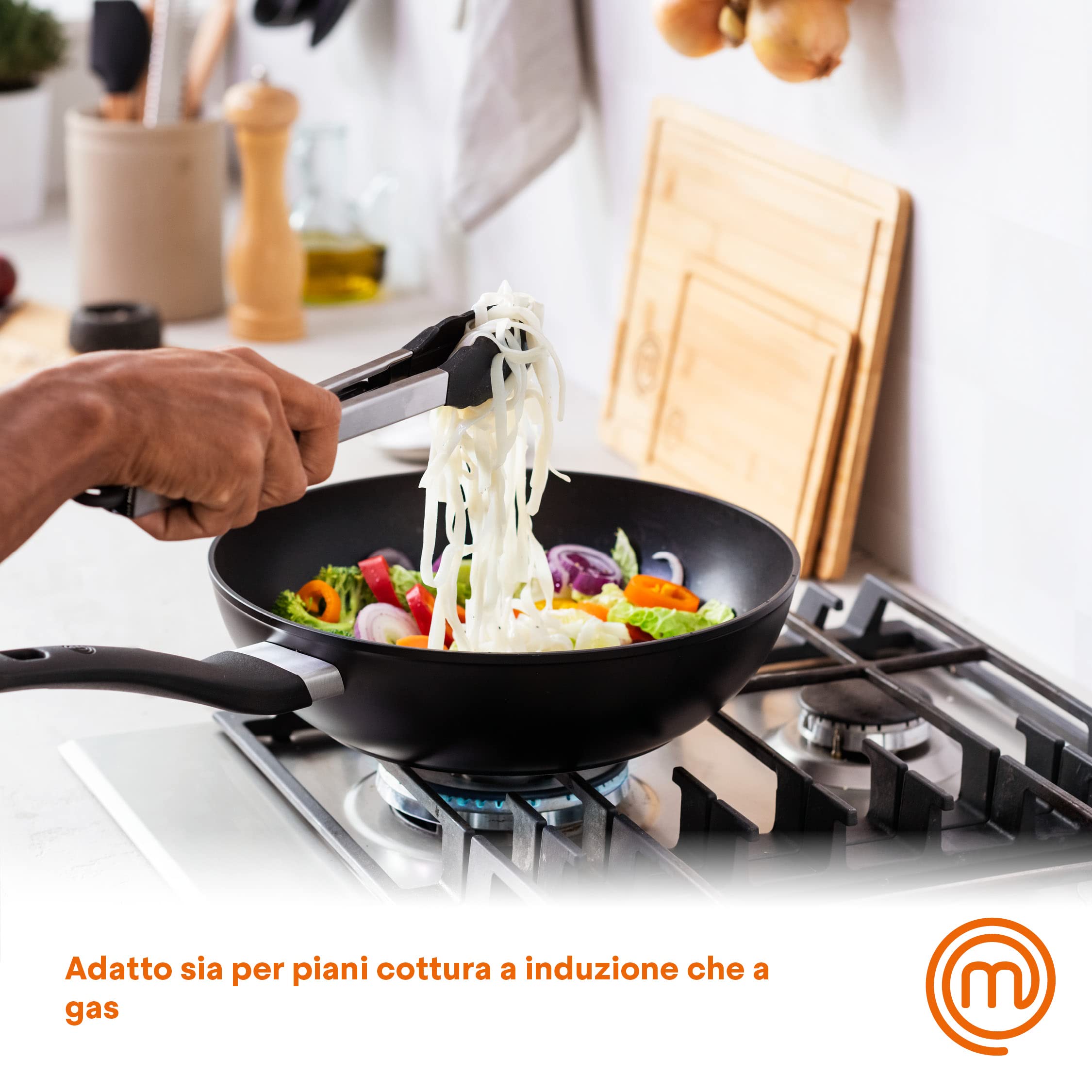 Nonstick MasterChef 28cm Wok Pan - Aluminum Stir Fry Pan for Induction & All Stovetops - Chinese Wok with Scratch-Resistant Coating, Dishwasher Safe - Perfect for Stir-Frying, Sautéing & Asian Cooking