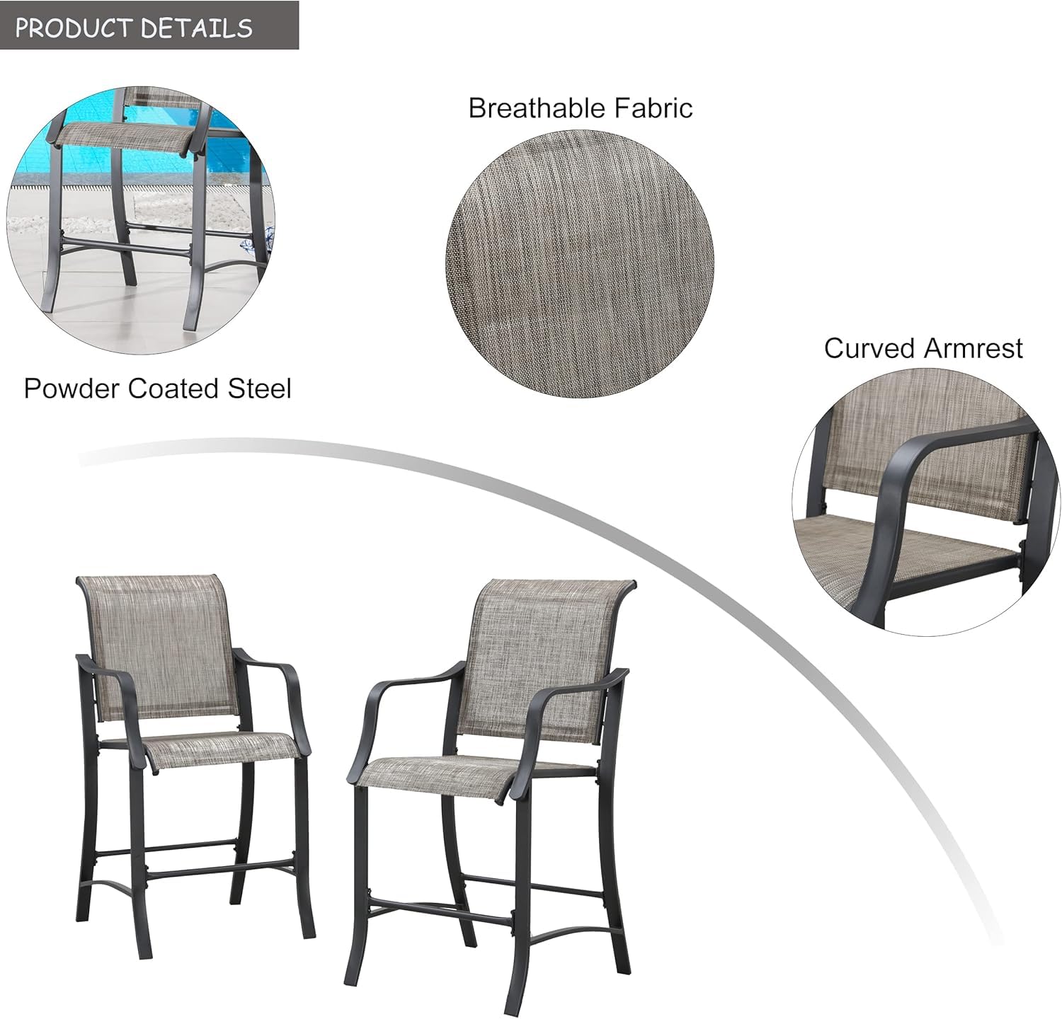 LOKATSE HOME 2-Piece Outdoor Counter Height Bar Stools Set - Metal Patio Armchairs with Backrest, Grey - Perfect for Backyard, Deck, Garden & Poolside Dining