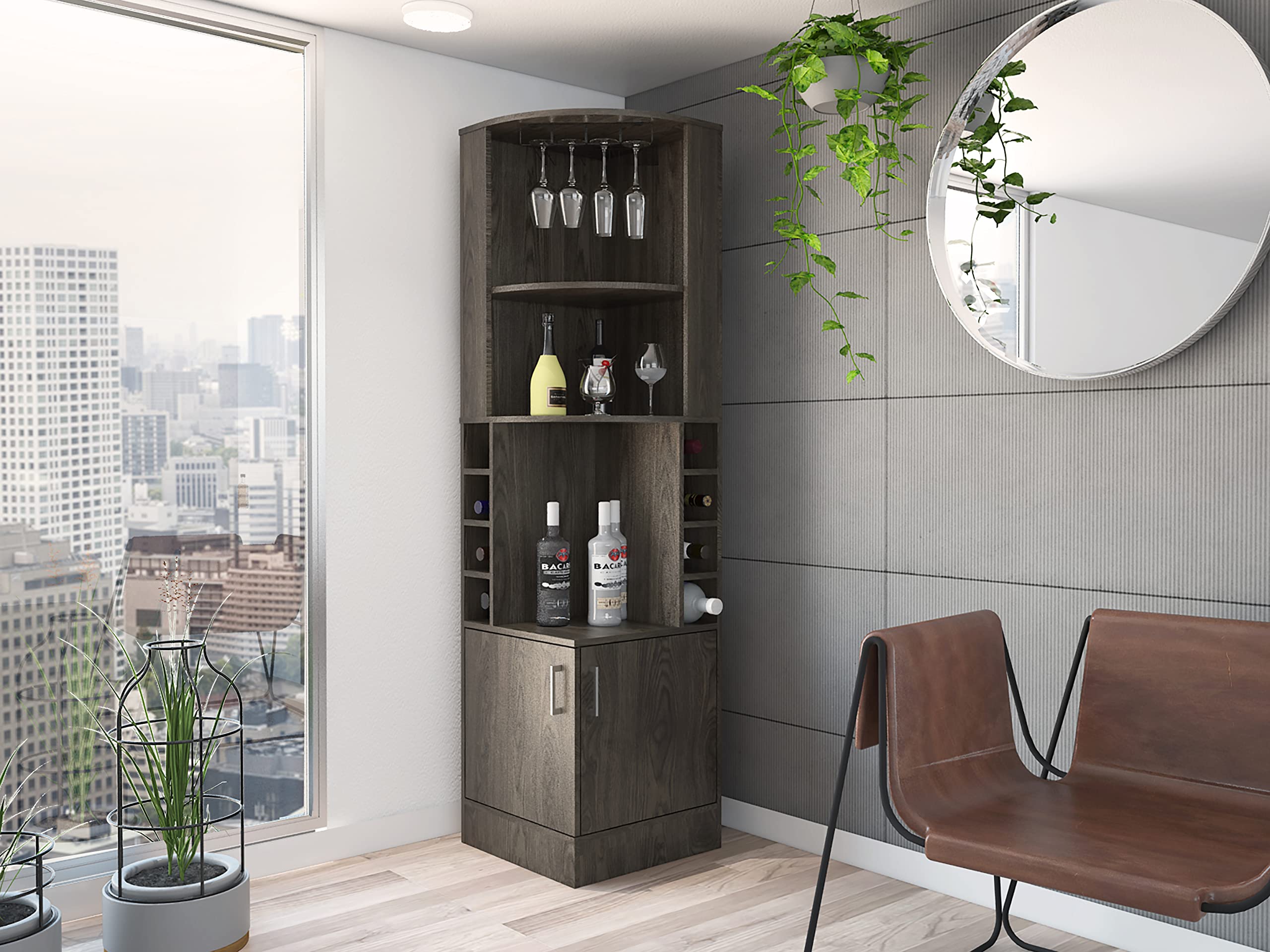 Seattle Corner Bar Cabinet with 3 Open Shelves, Glass Rack, 8 Bottle Storage & Double Doors - Dark Walnut Finish | Perfect for Home Bar, Kitchen, Dining Room & Entertaining Spaces