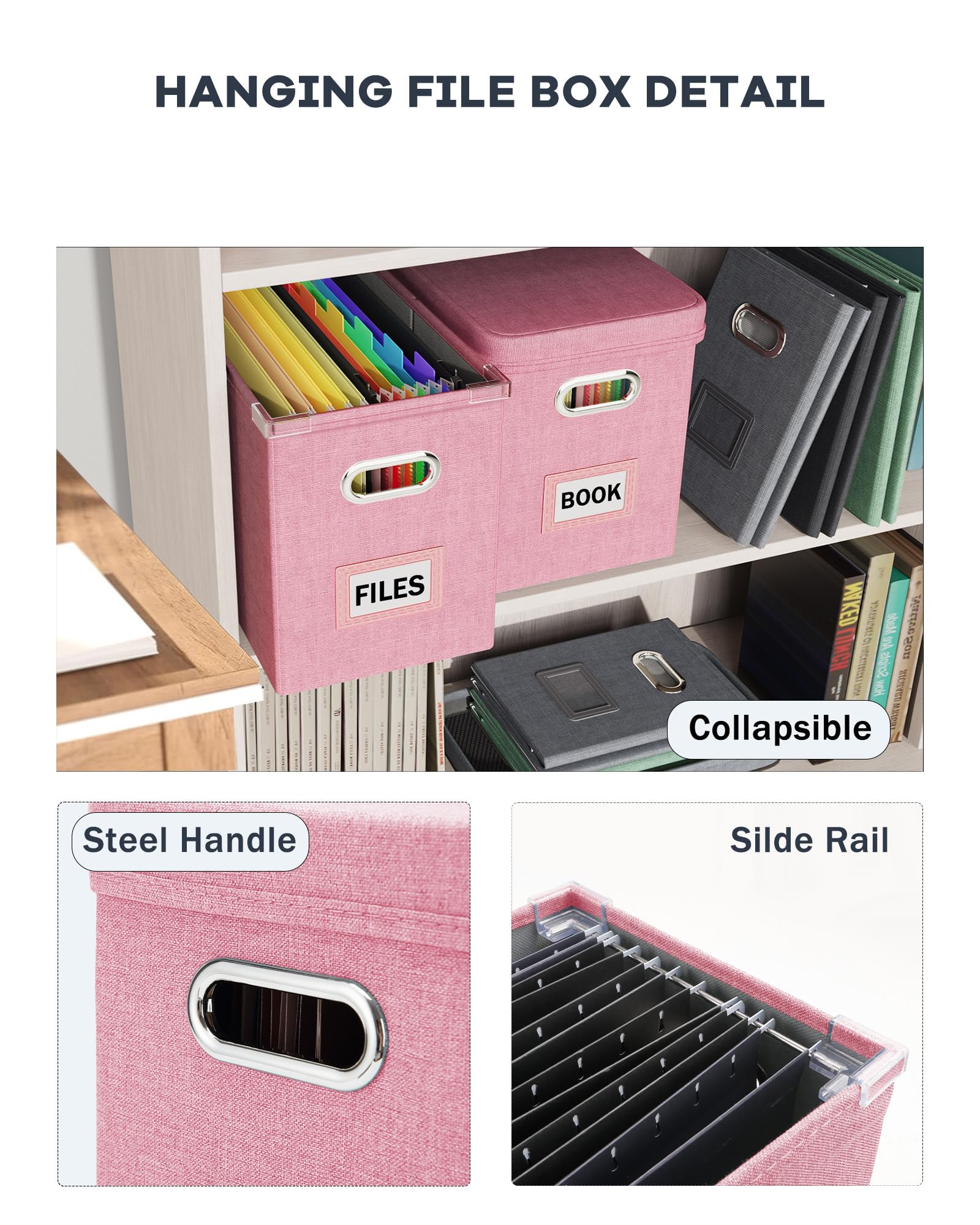 Oterri File Organizer Box with Lid - Hanging Mesh Pocket Document Storage for Letter Files | Portable Office & Home Storage Box with Smooth Sliding Rail (Pink, 1 Pack) - Perfect for Desk Organization, Paper Filing, and Home Office Storage