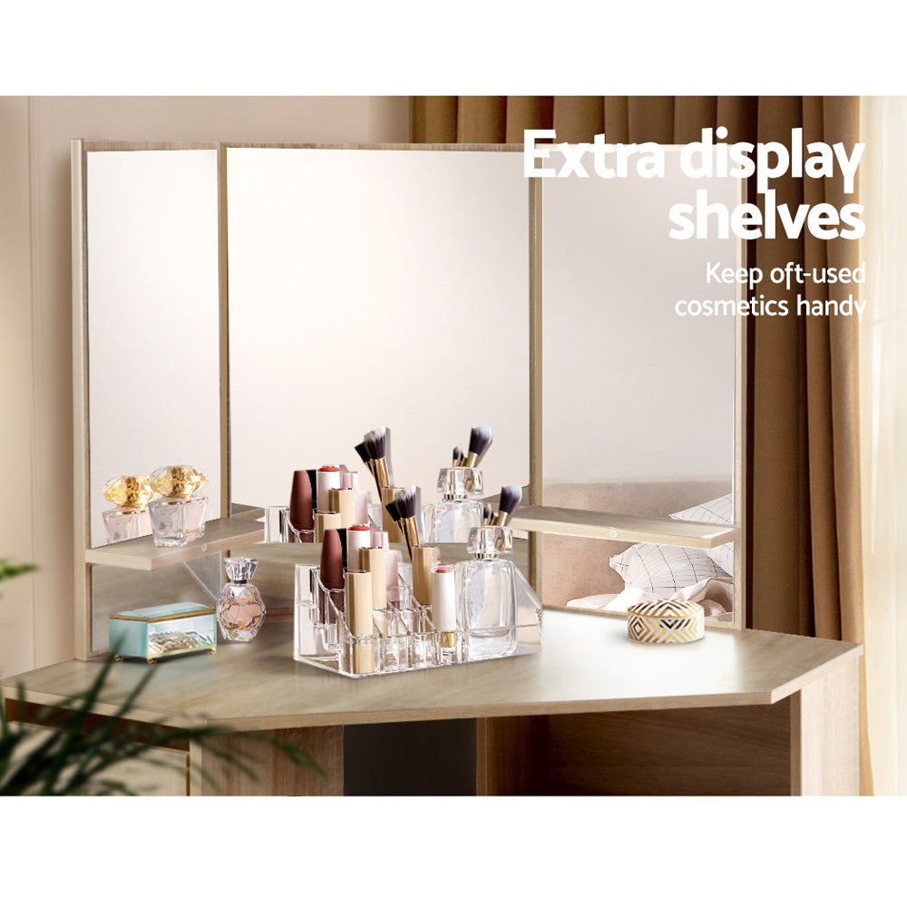 Oak Makeup Vanity Set - Corner Dressing Table with Mirror & Stool, Elegant Makeup Desk Chair for Bedroom, Bathroom or Dressing Room