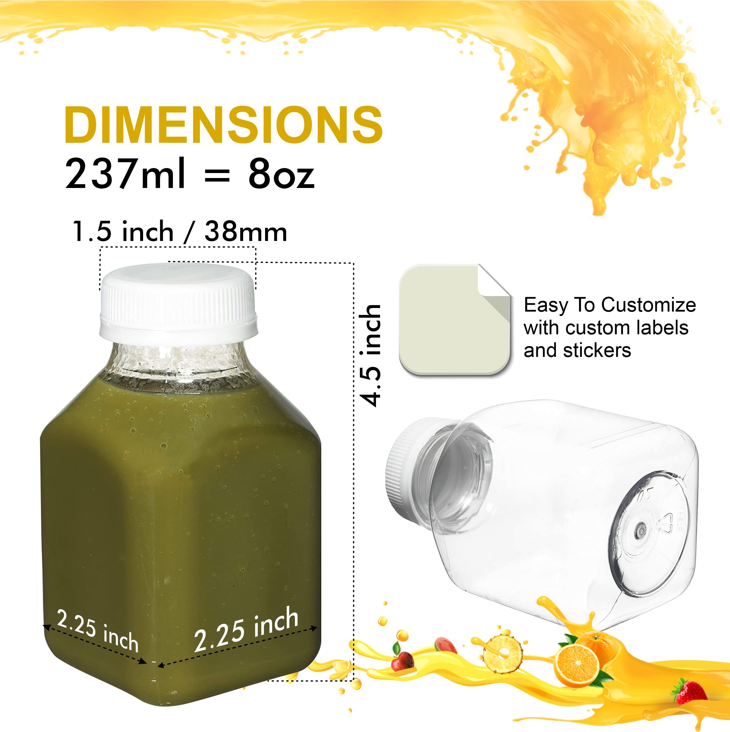 EcoQuality 8oz Clear Plastic Juice Bottles with Tamper Evident Caps - BPA Free Smoothie & Beverage Containers for Juicing, Meal Prep, Picnics, Restaurants (100 Pack) | Perfect for Cold Pressed Juices, Homemade Smoothies & Takeout Drinks
