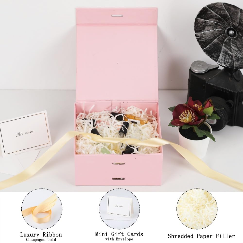 Pink Luxury Gift Box with Ribbon - 6x6x3 Inch Magnetic Closure Collapsible Box (1 Pack) | Elegant Present Packaging for Mother's Day, Birthday, Anniversary | Perfect for Jewelry, Candles & Small Gifts