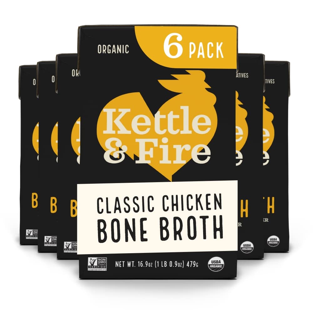 Kettle and Fire Chicken Bone Broth Soup - Pack of 6 (16.9 oz each) | Keto, Paleo & Whole30 Approved | Gluten Free with 10g Protein & Collagen | Perfect for Soups, Cooking & Healthy Lifestyle