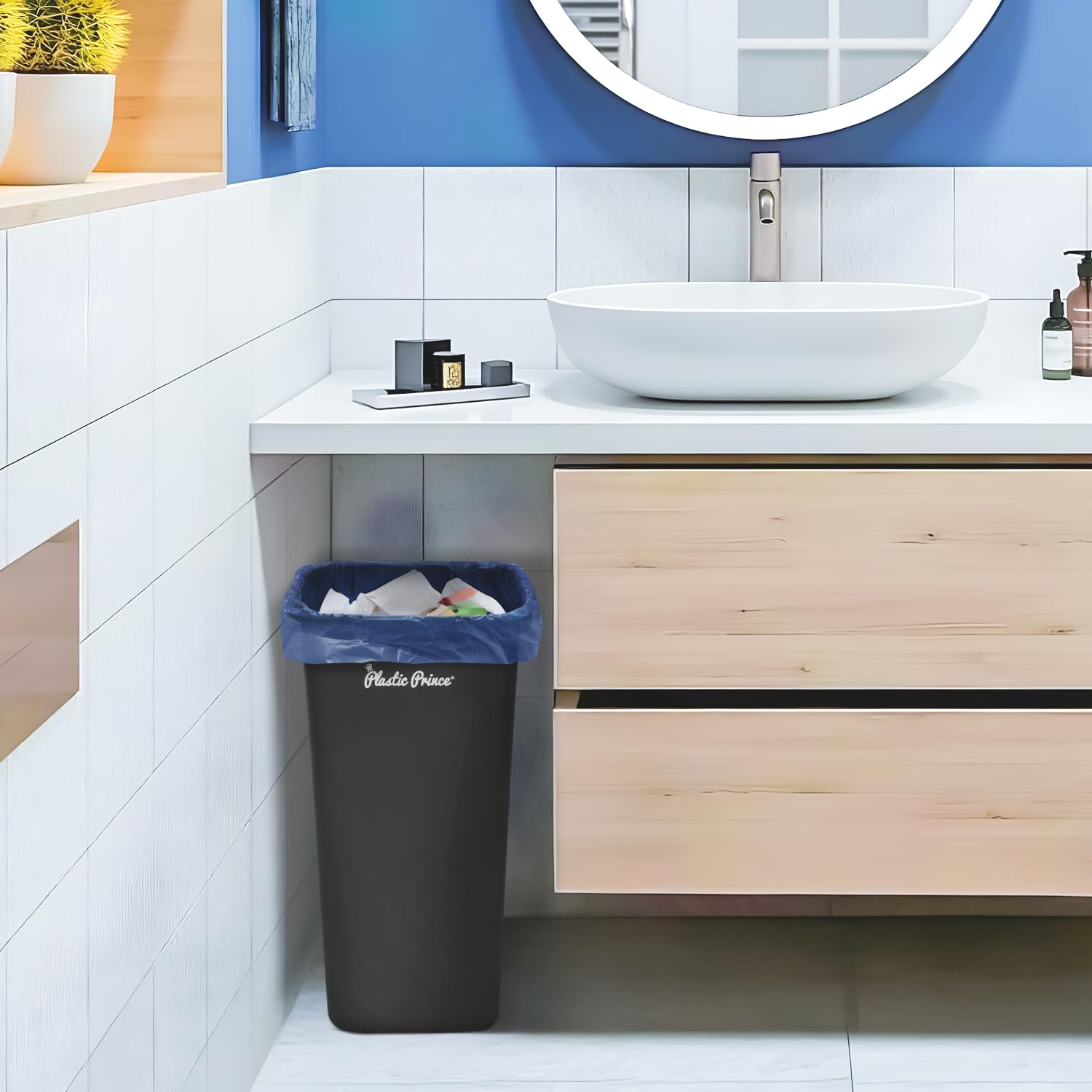 40 Quart Trash Can Set of 2 - Black & Blue Plastic Rectangular 10 Gallon Wastebasket for Kitchen, Bathroom, Office - Fits Under Desk, Cabinet & Sink - Perfect for Home, Office & Commercial Use