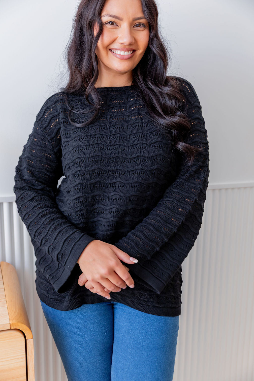 Black Waves Knit Sweater - Soft & Stylish Women's Pullover for Casual Wear & Layering