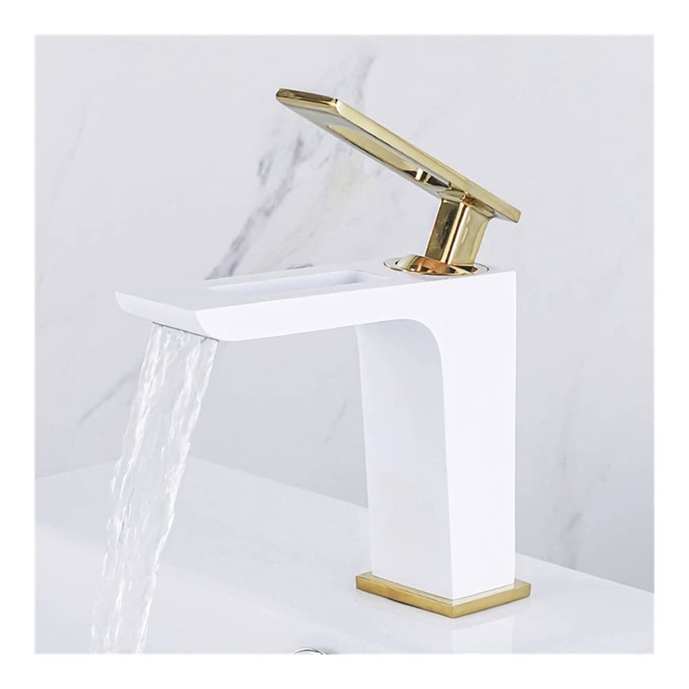 Gold and Black Brass Bathroom Mixer Faucet - Single Hole Basin Tap with Hot & Cold Water - Modern Sink Mixer Tap for Bathroom Vanity (White & Gold) - Perfect for Home Renovation and Luxury Bathroom Upgrades