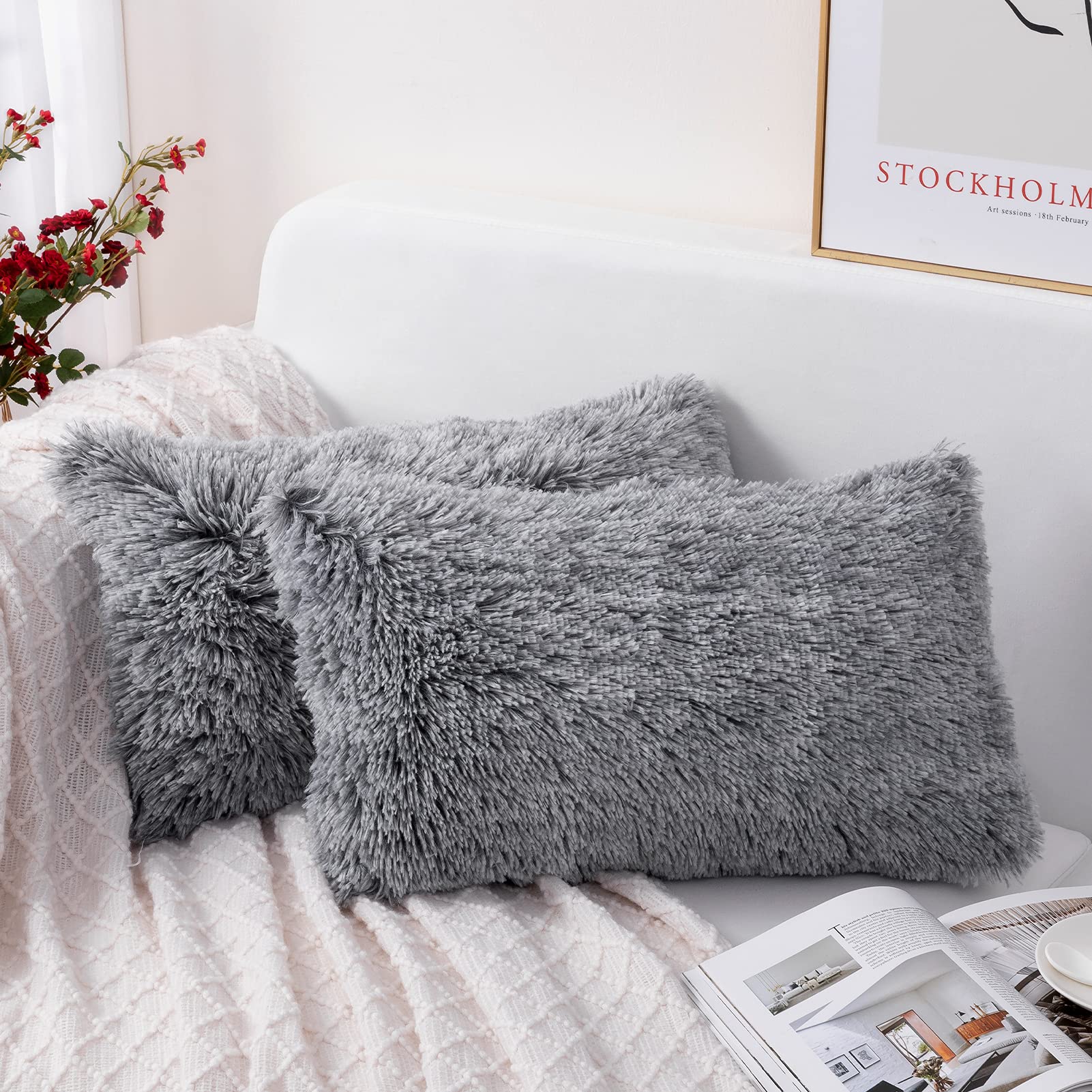 Luxury Soft Faux Fur Fleece Pillow Covers 12x20 Inches - 2 Pack Grey Decorative Throw Pillow Cases for Sofa, Bed, Couch - Cozy Home Decor & Winter Accent - No Insert Included