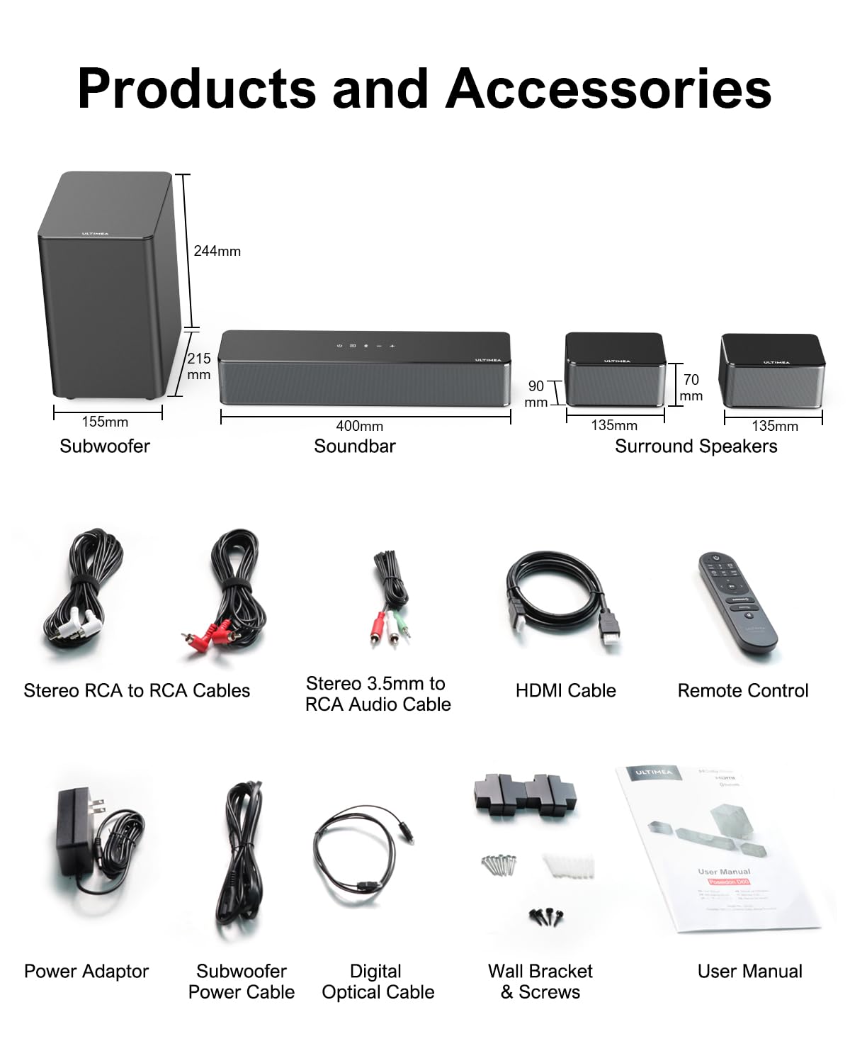 ULTIMEA D50 5.1 Channel Surround Sound System with Wireless Subwoofer & Rear Speakers - Bluetooth Soundbar for TV, Home Theater, Gaming & Movie Nights - Virtual 3D Audio for Immersive Entertainment Experience
