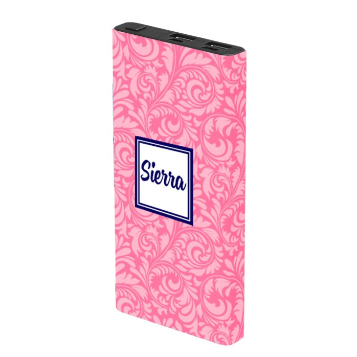 Pink Swirl Monogram Portable Charger Power Bank 10000mAh - Cute & Stylish Phone Charger for Women, Travel, Work, and Everyday Use