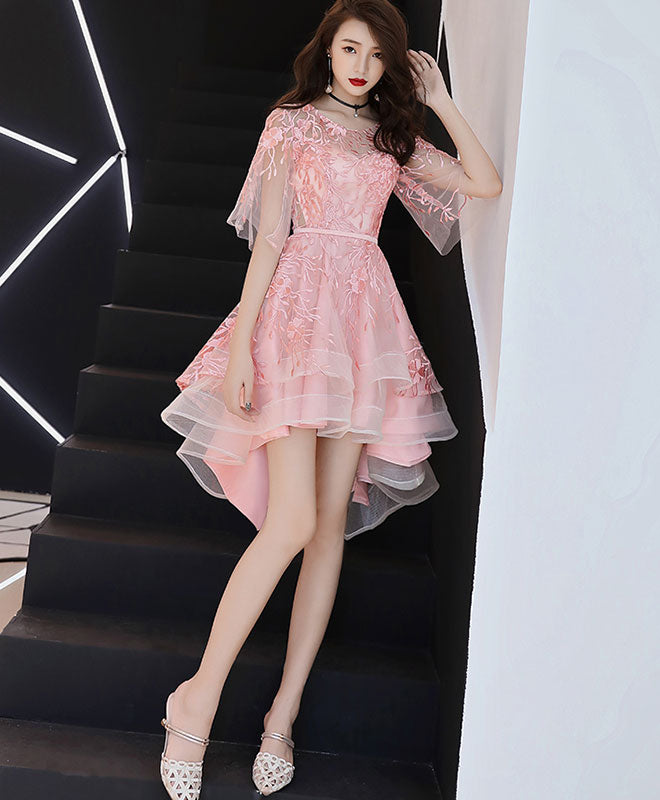 Elegant Pink Lace Tulle High-Low Prom Dress for Homecoming, Sweetheart Neckline A-Line Gown - Perfect for Prom Night, Homecoming Dance & Special Occasions