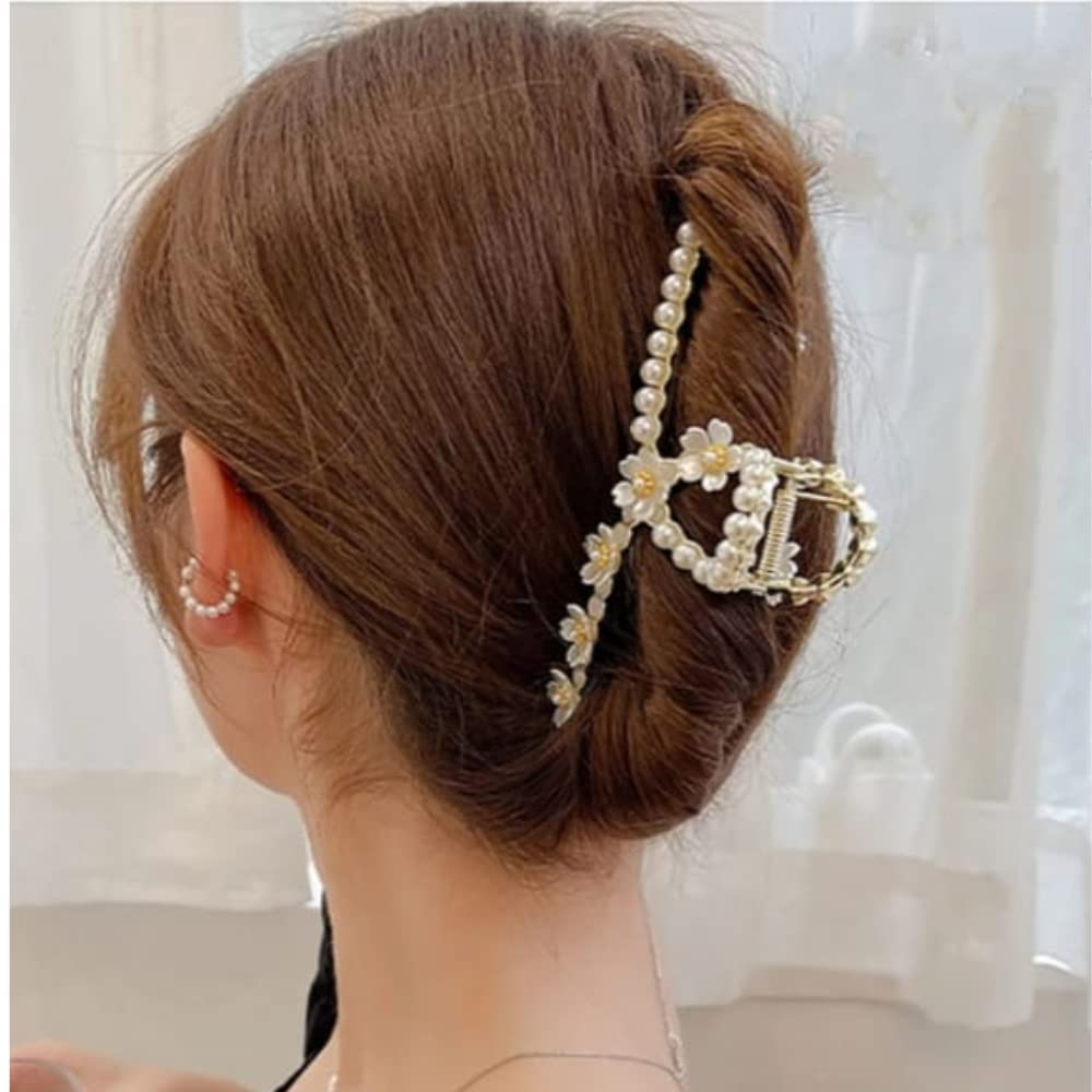 Pearl Flower Hair Clips for Women & Girls - Non-Slip Gold Metal Hair Claw Clips (1PC) - Elegant Hair Accessories for Parties, Weddings & Everyday Styling