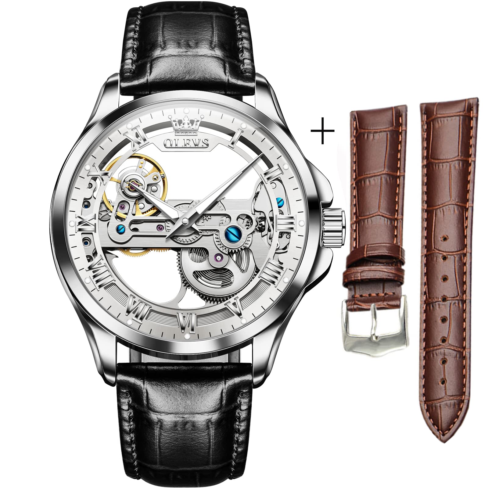 OLEVS Automatic Skeleton Mechanical Watch for Men - Waterproof Rose Gold Case with Brown/Black Leather Band - Dress, Business, Casual Wear