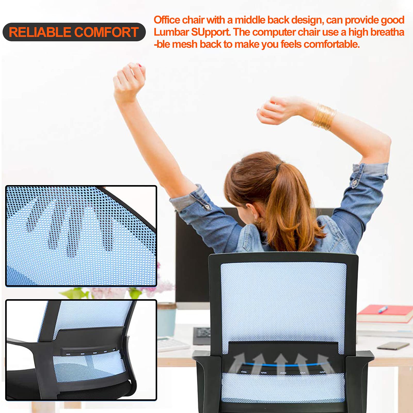 Ergonomic Mesh Office Chair with Lumbar Support - Adjustable Swivel Rolling Computer Desk Chair for Conference Room, Home Office & Executive Use - Comfortable Task Chair for Adults (Blue)